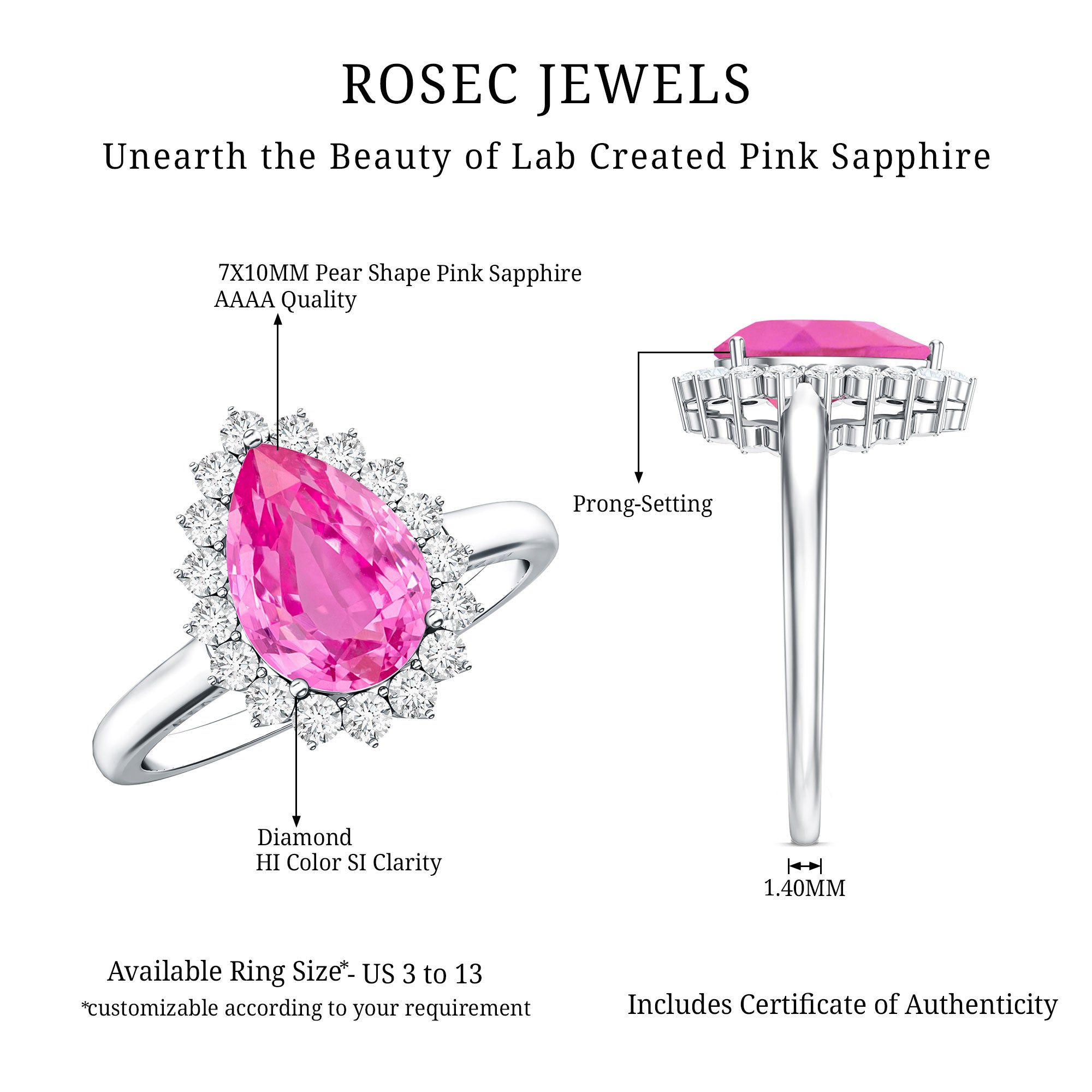 Pear Created Pink Sapphire and Diamond Halo Engagement Ring AAAA - Rosec Jewels
