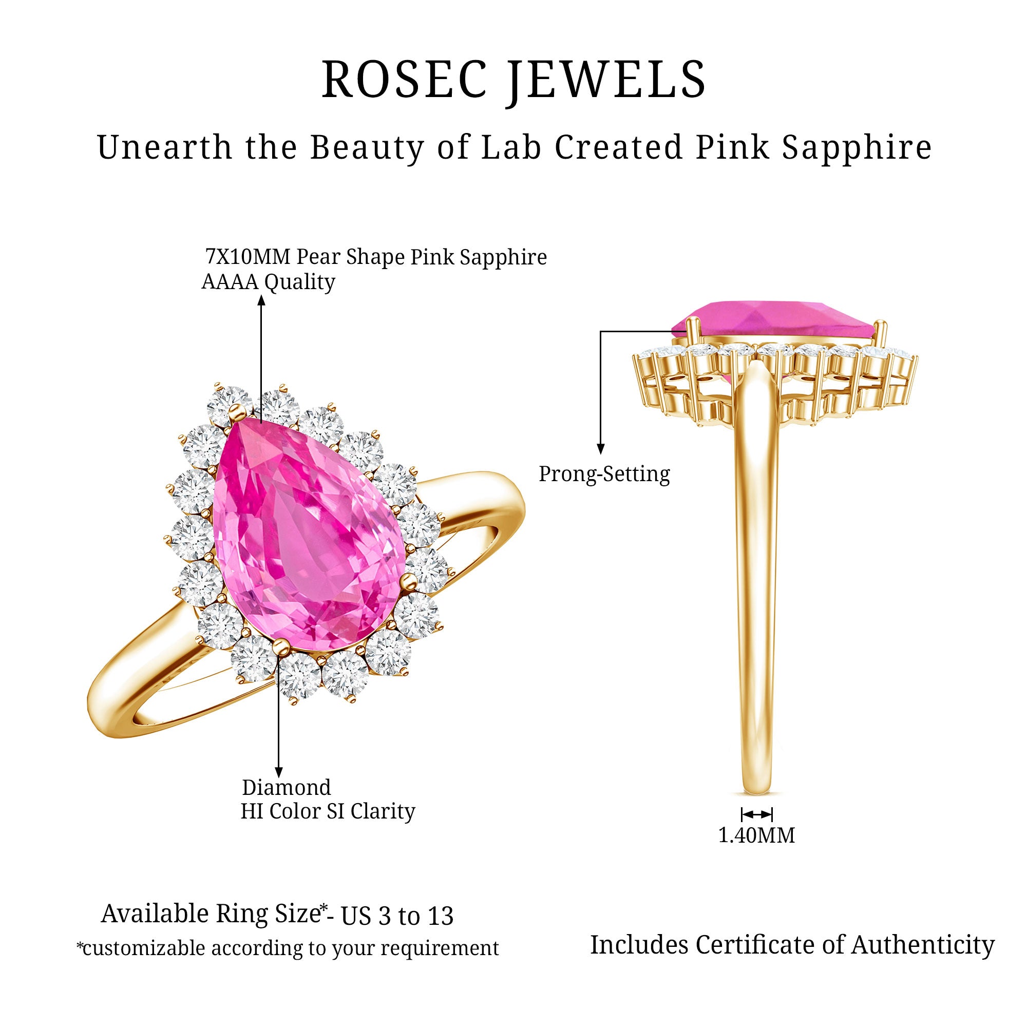 Pear Created Pink Sapphire and Diamond Halo Engagement Ring AAAA - Rosec Jewels