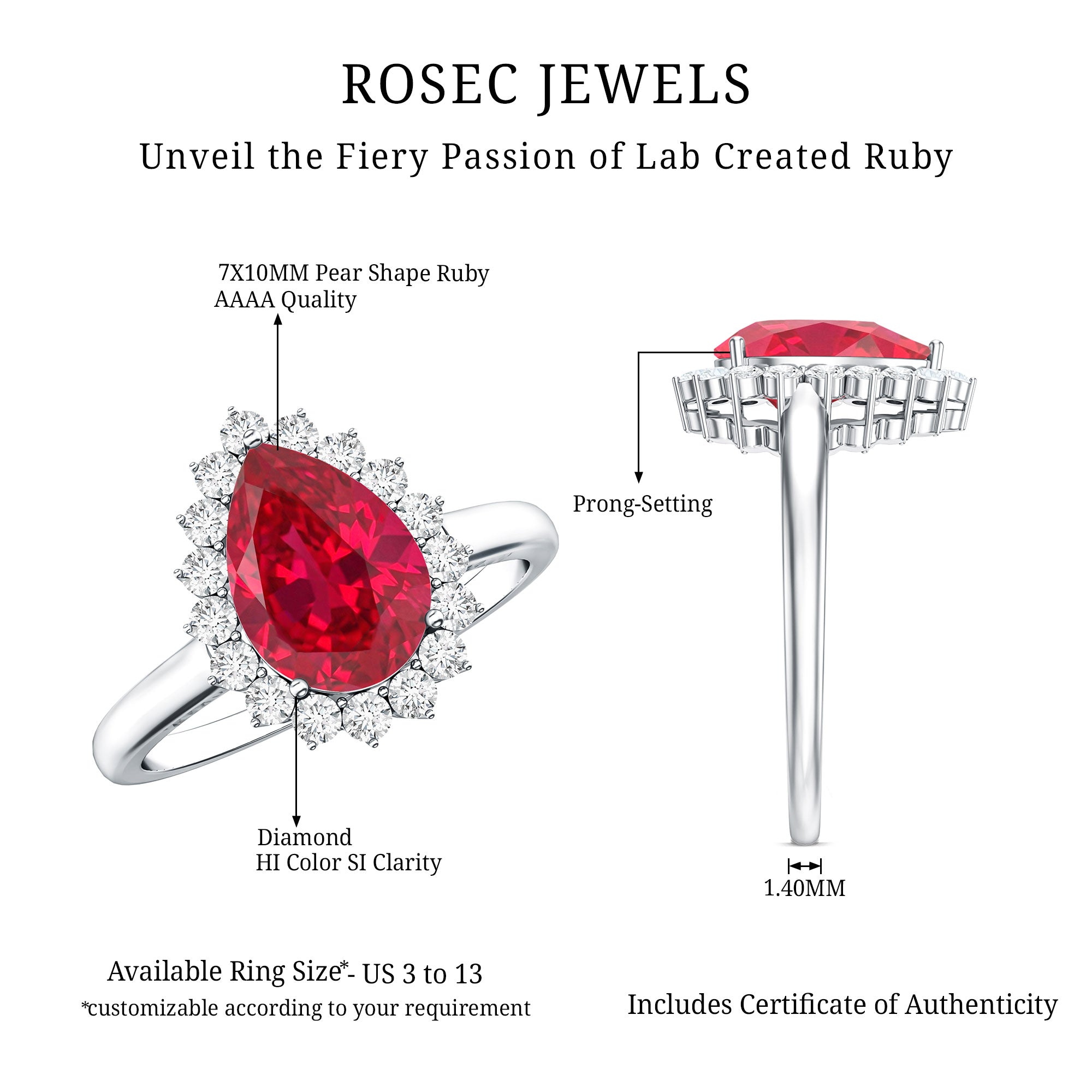Certified 2.9 Carat Lab Grown Ruby Teardrop Engagement Ring with Diamond Halo AAAA - Rosec Jewels