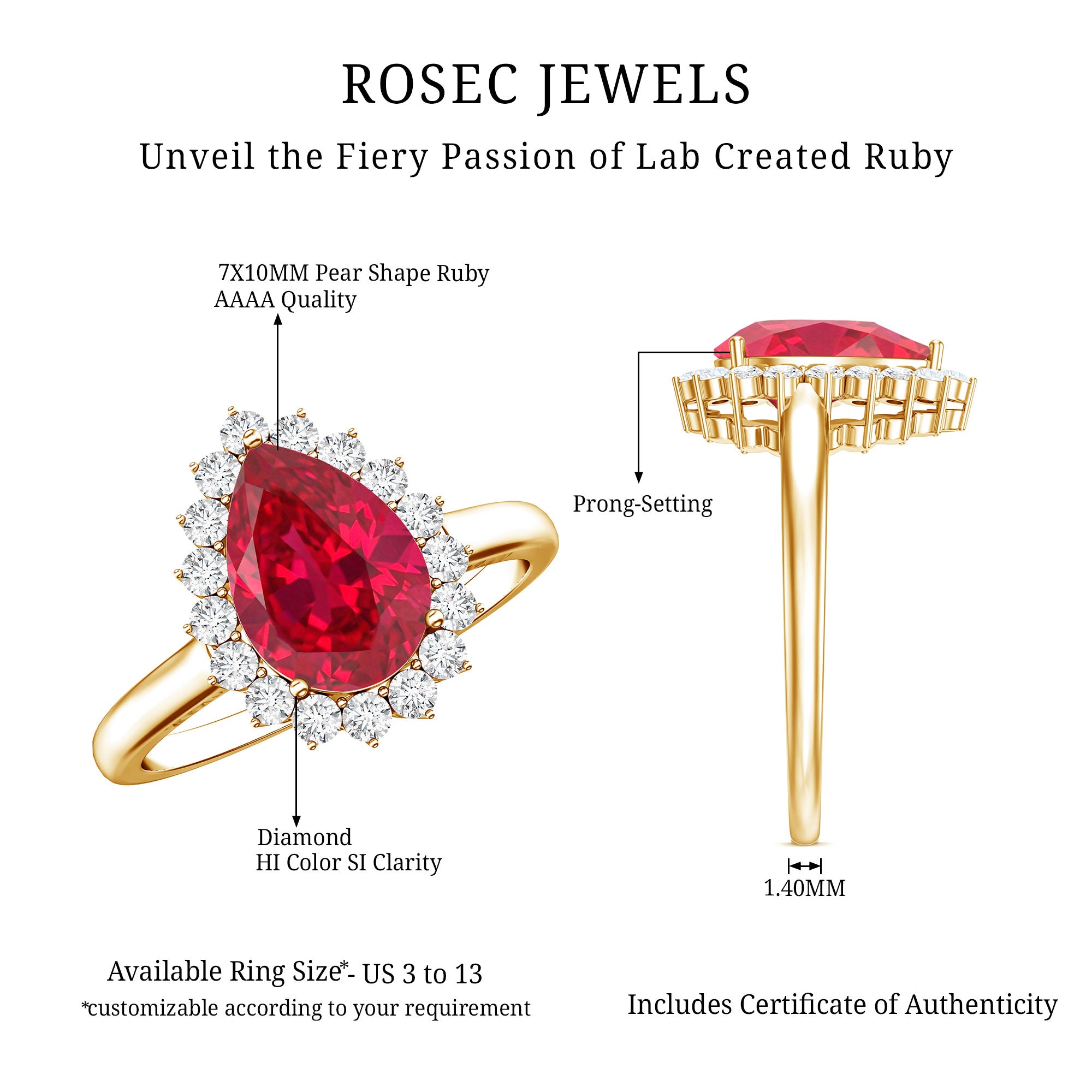 Certified 2.9 Carat Lab Grown Ruby Teardrop Engagement Ring with Diamond Halo AAAA - Rosec Jewels