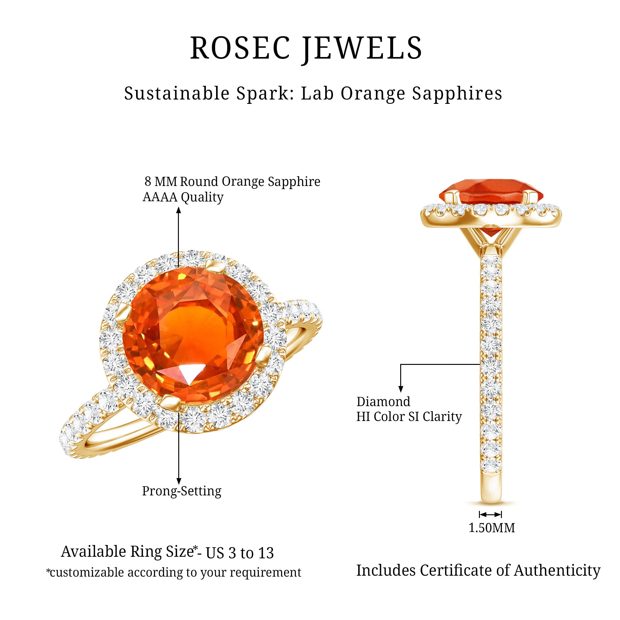 Certified 2.25 Carat Lab Grown Orange Sapphire Engagement Ring with Diamond Halo AAAA - Rosec Jewels