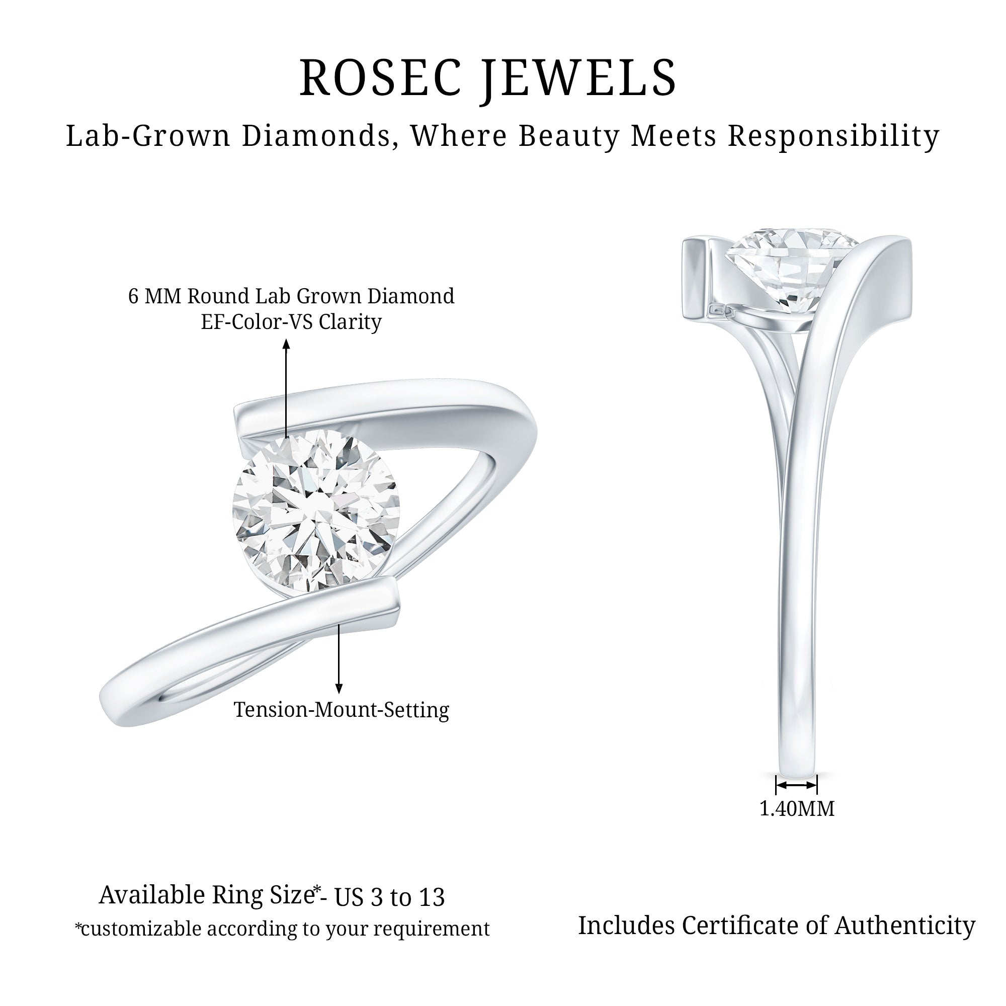 Certified 6 MM Lab Grown Diamond Tension Setting Engagement Ring Lab - ( EF-VS ) - Rosec Jewels