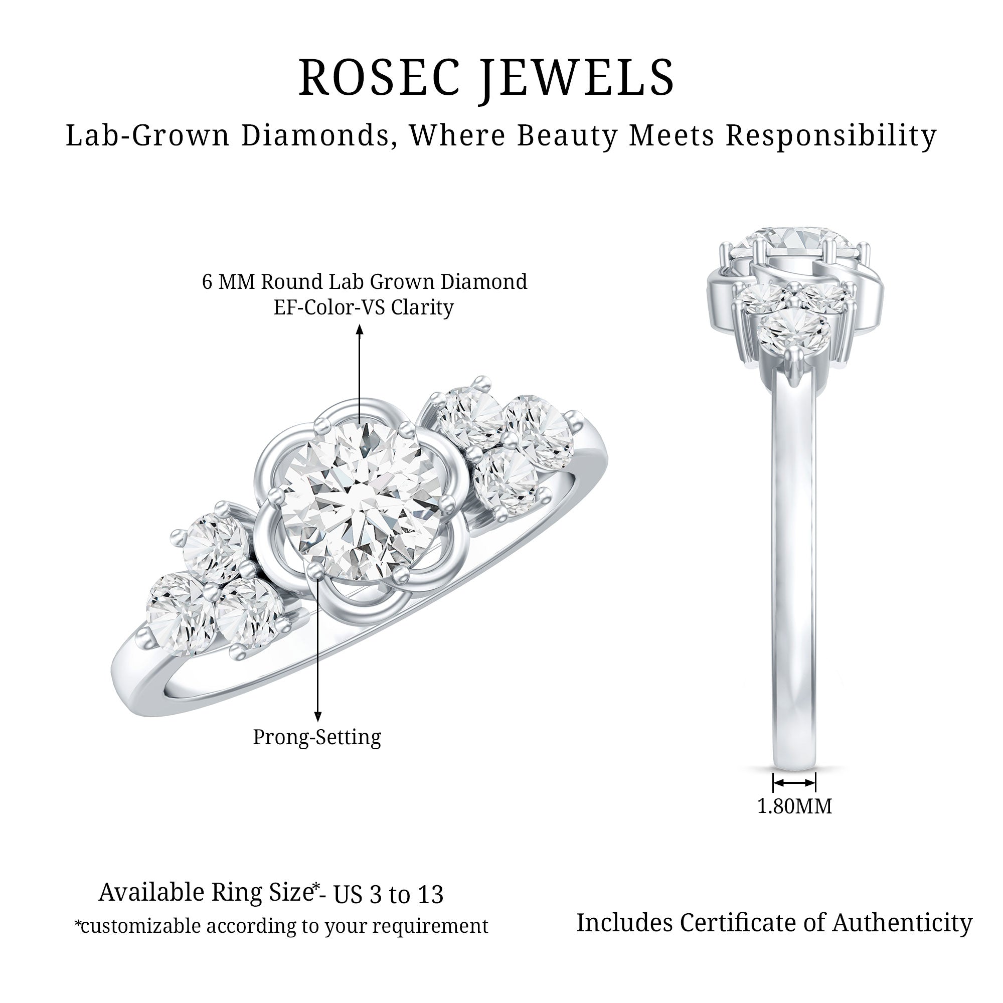 Certified 6 MM Lab Grown Diamond Engagement Ring Lab - ( EF-VS ) - Rosec Jewels