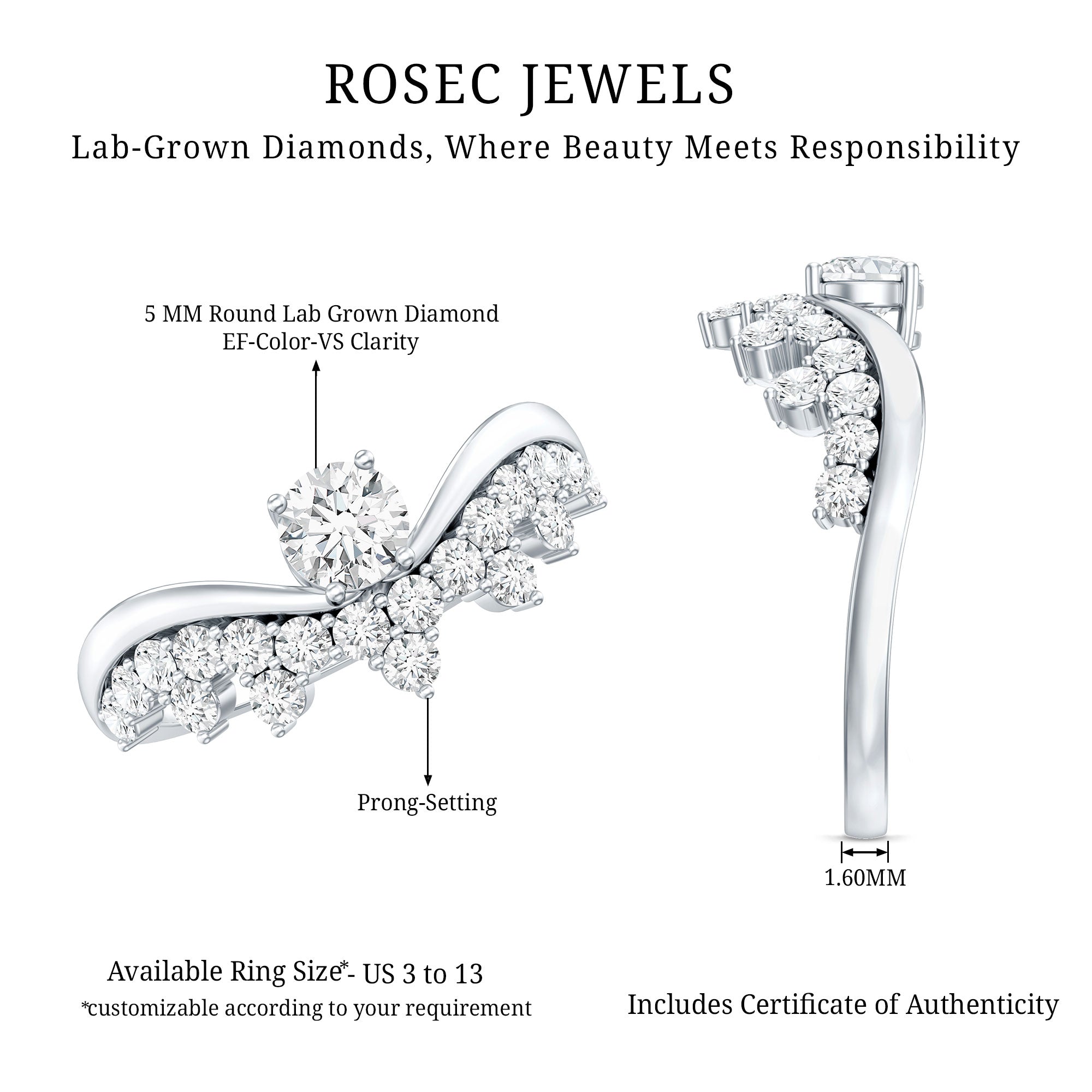 Certified Lab Grown Diamond Designer Engagement Ring Lab - ( EF-VS ) - Rosec Jewels