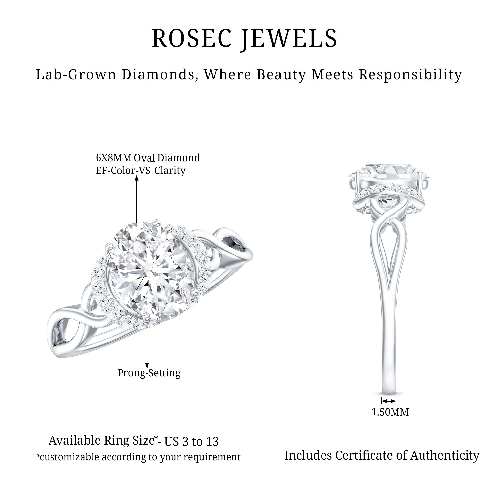 Rosec Jewels-Lab Grown Diamond 6X8 MM Oval Engagement Ring For Women