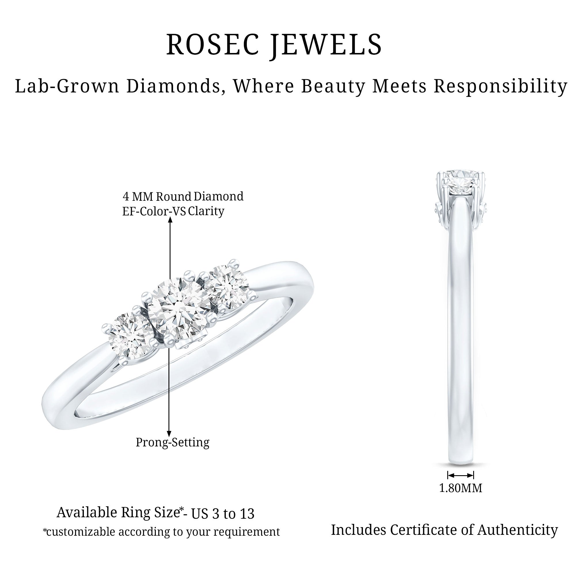 Lab Grown Diamond Minimal 3 Stone Engagement Ring Lab - ( EF-VS ) - Rosec Jewels