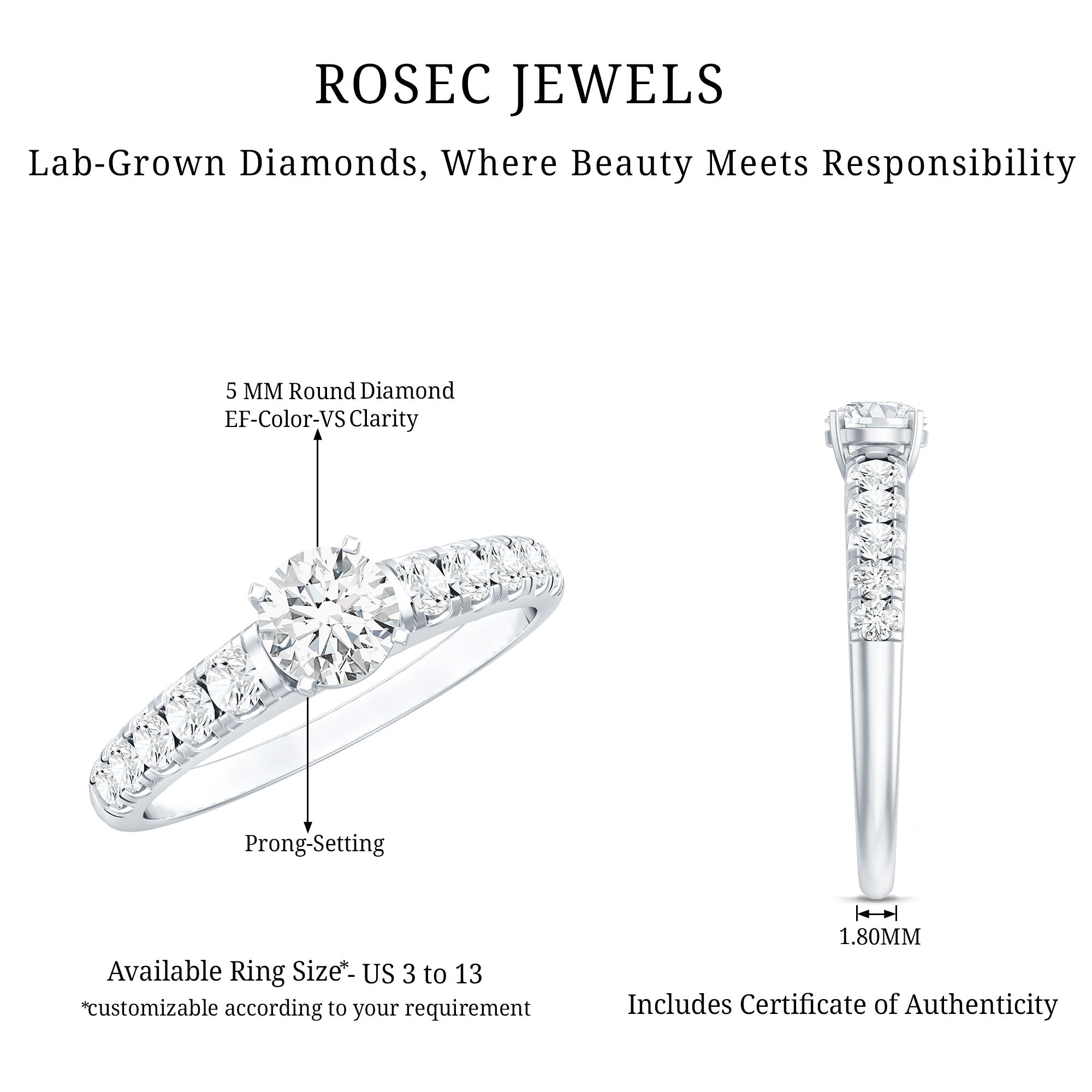 Rosec Jewels-Lab Grown Diamond Classic Engagement Ring With Side Stones