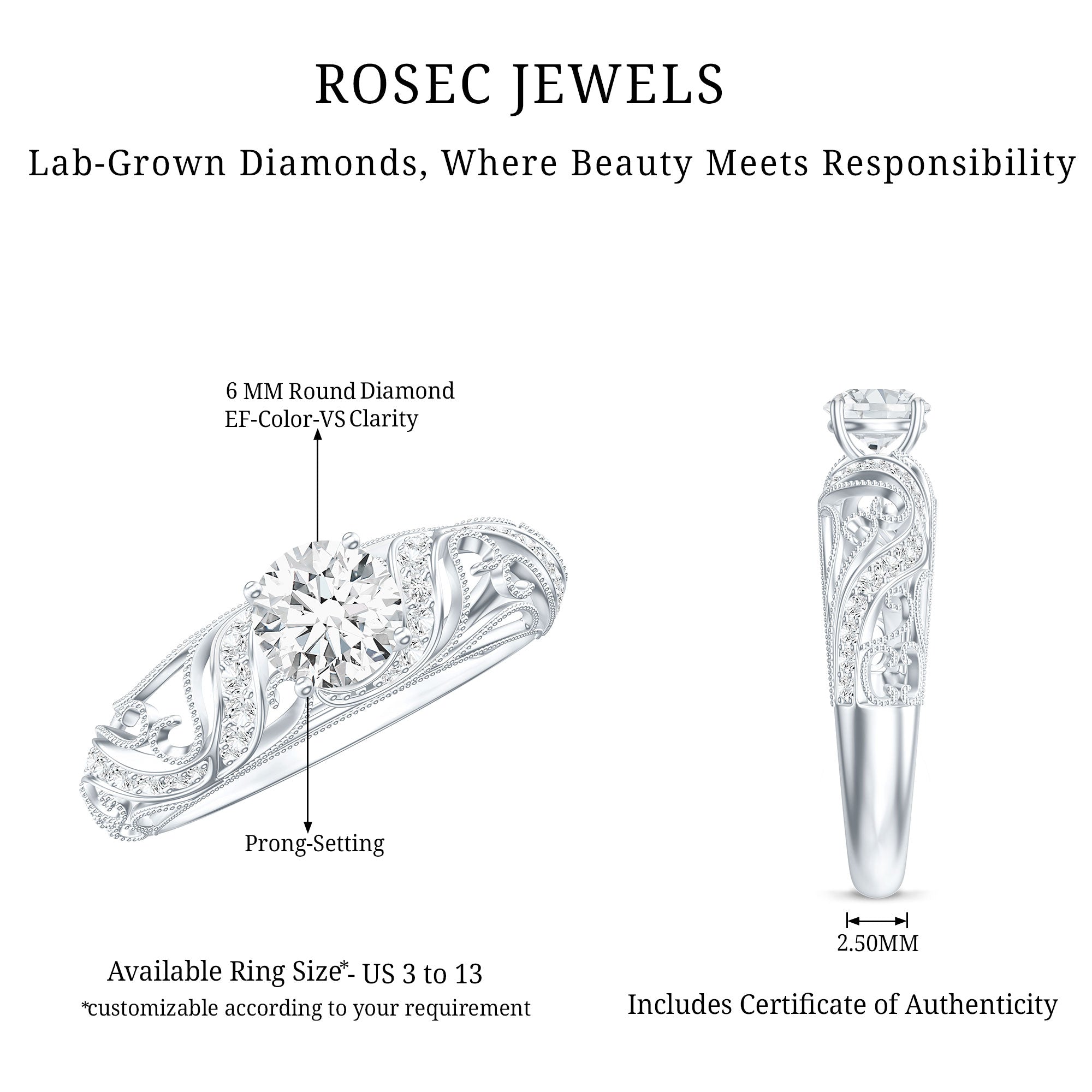 Certified 6 MM Lab Grown Diamond Designer Engagement Ring Lab - ( EF-VS ) - Rosec Jewels