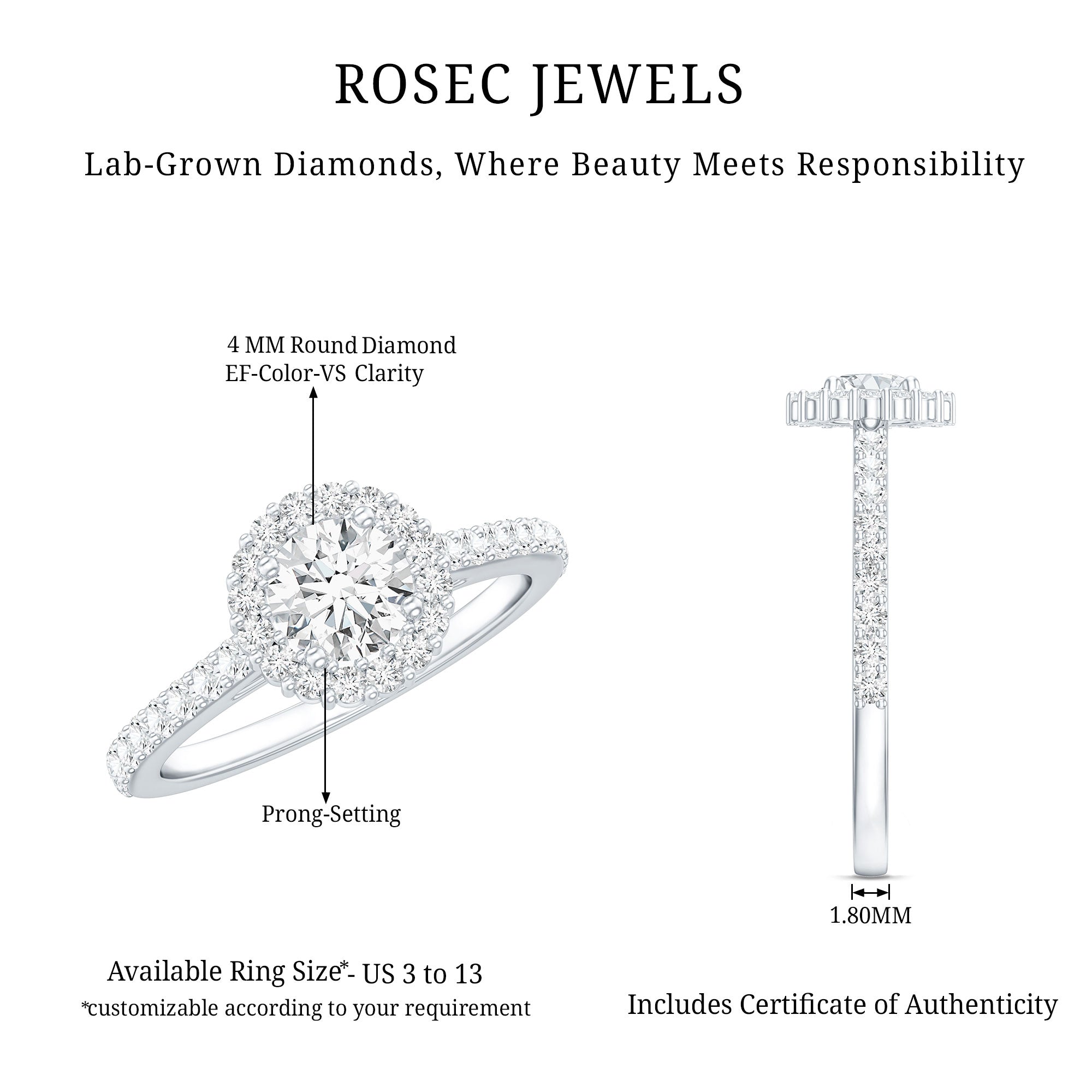 Rosec Jewels-Lab Grown Diamond Halo Engagement Ring With Side Stones