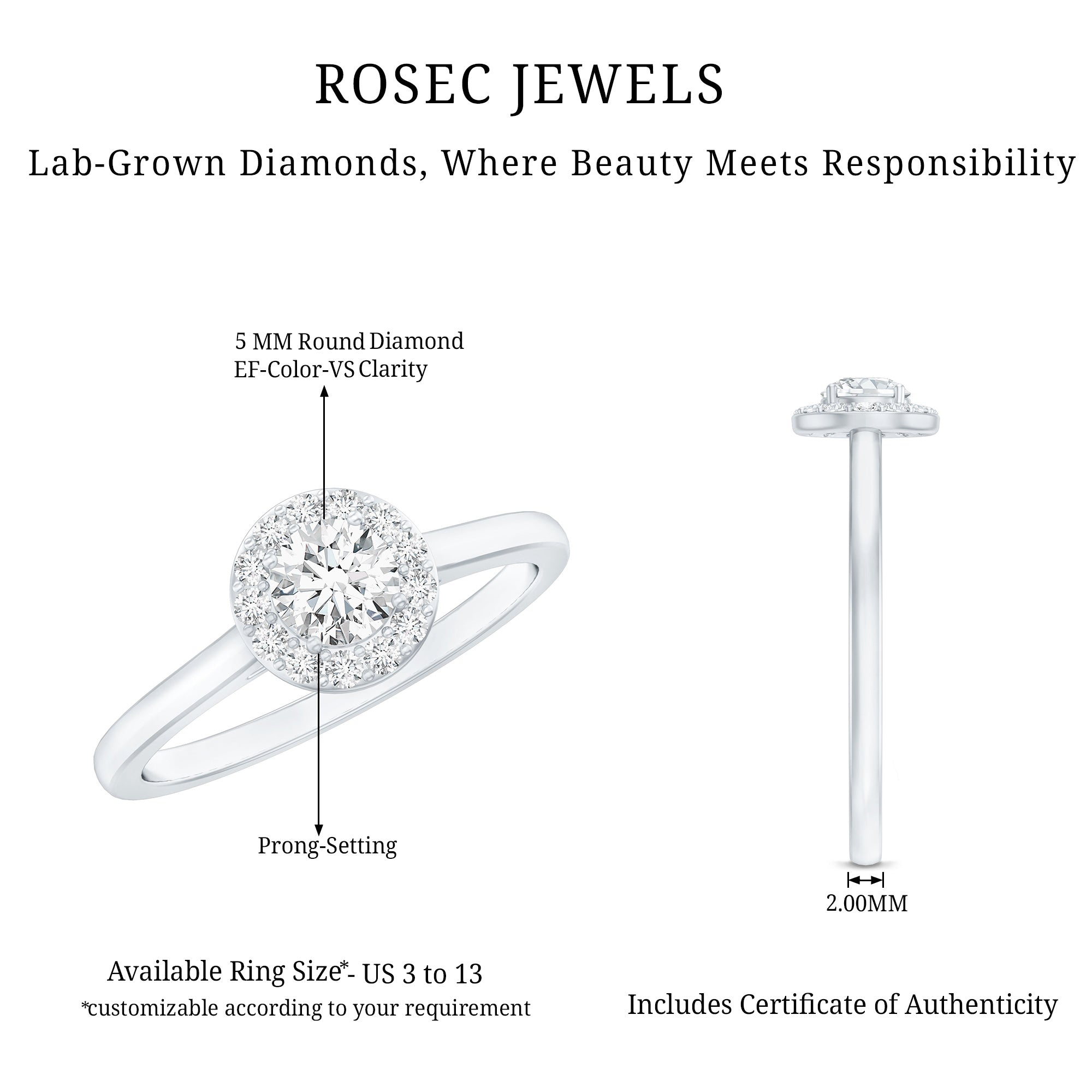 Certified Lab Grown Diamond Halo Promise Engagement Ring Lab - ( EF-VS ) - Rosec Jewels