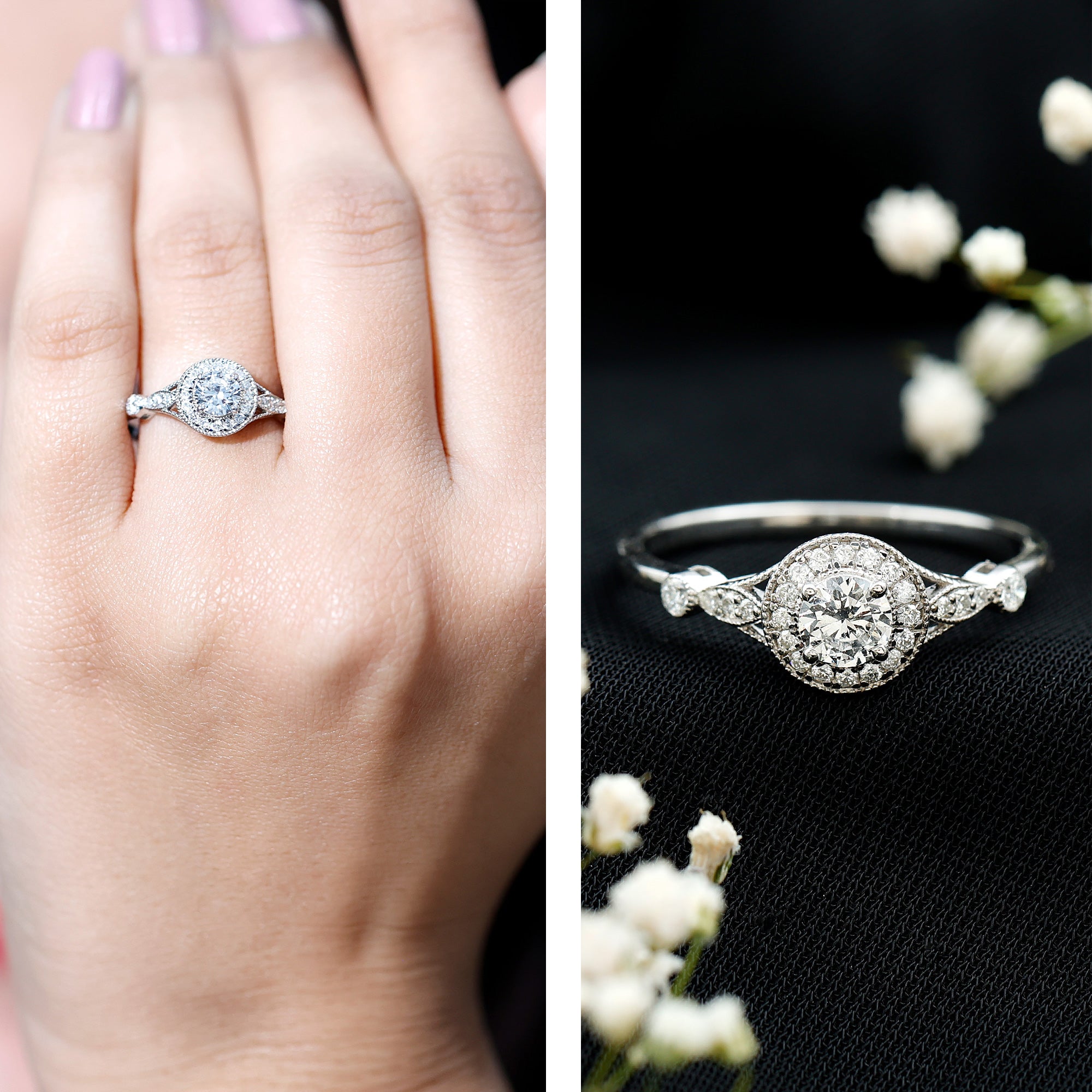 Certified 5 MM Lab Grown Diamond Halo Engagement Ring With Side Stones Lab - ( EF-VS ) - Rosec Jewels