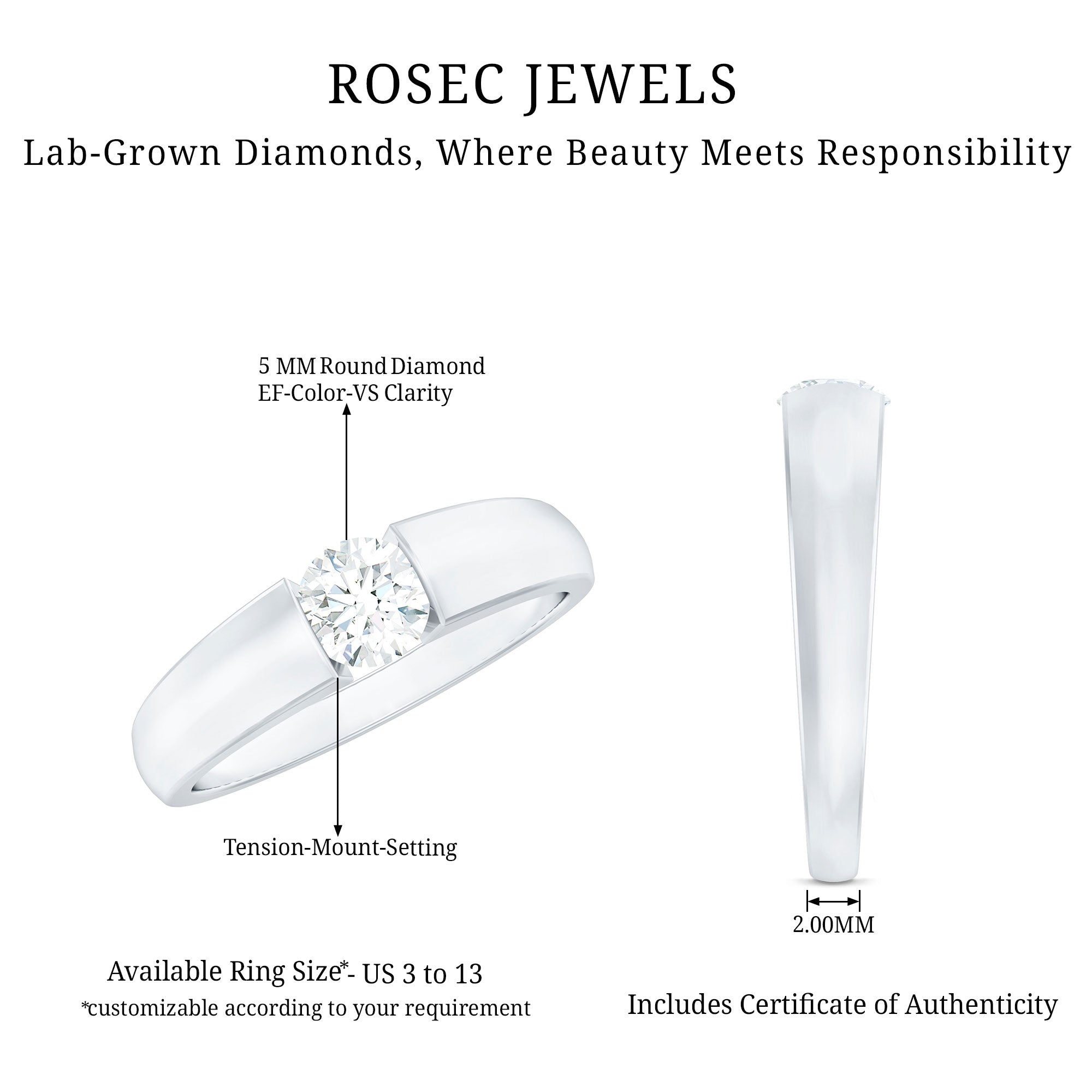 0.4 Carat Tension Mount Set Lab Grown Diamond Solitaire Band Ring Lab - ( EF-VS ) - Rosec Jewels