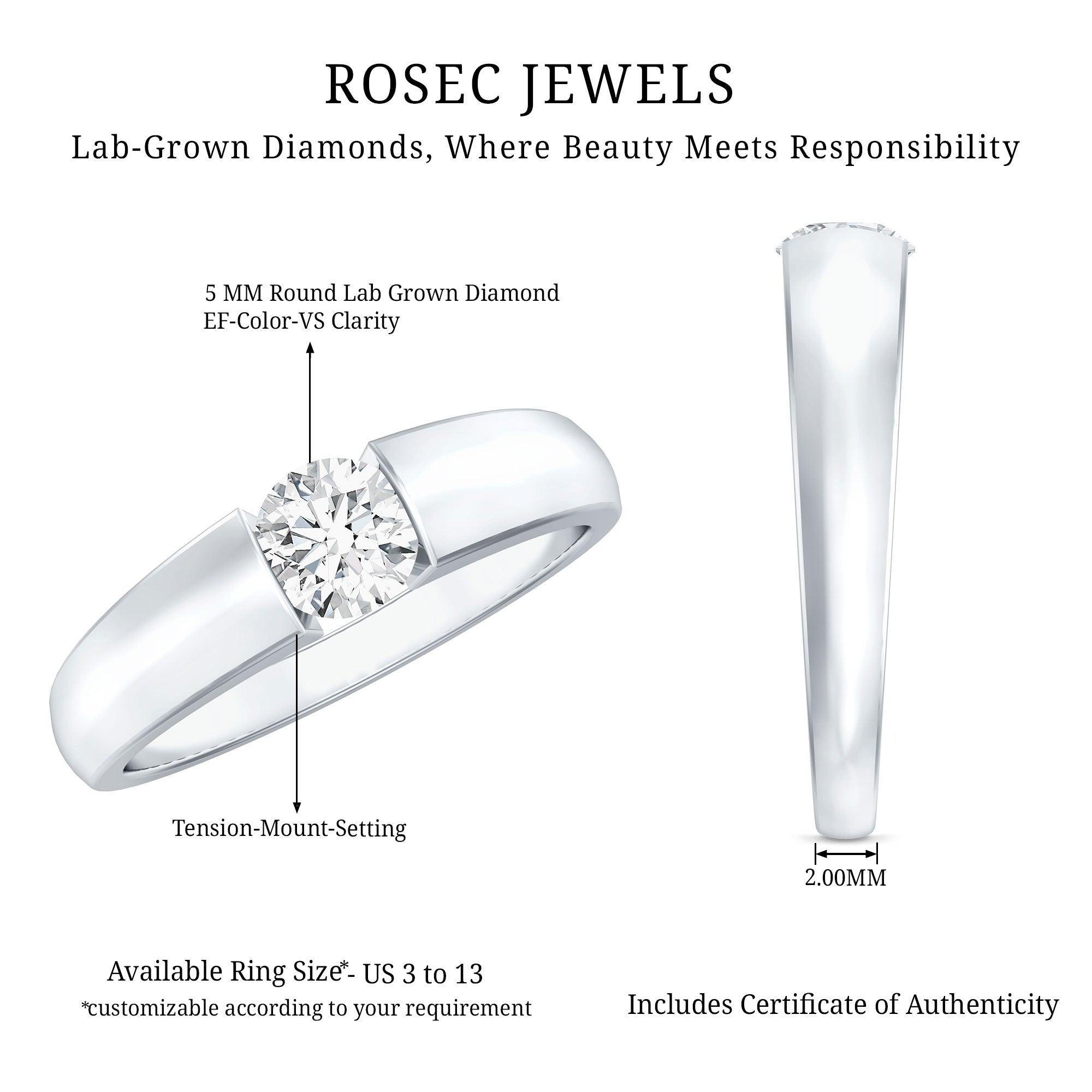 Rosec Jewels-Lab Grown Diamond 5 MM Solitaire Band Ring