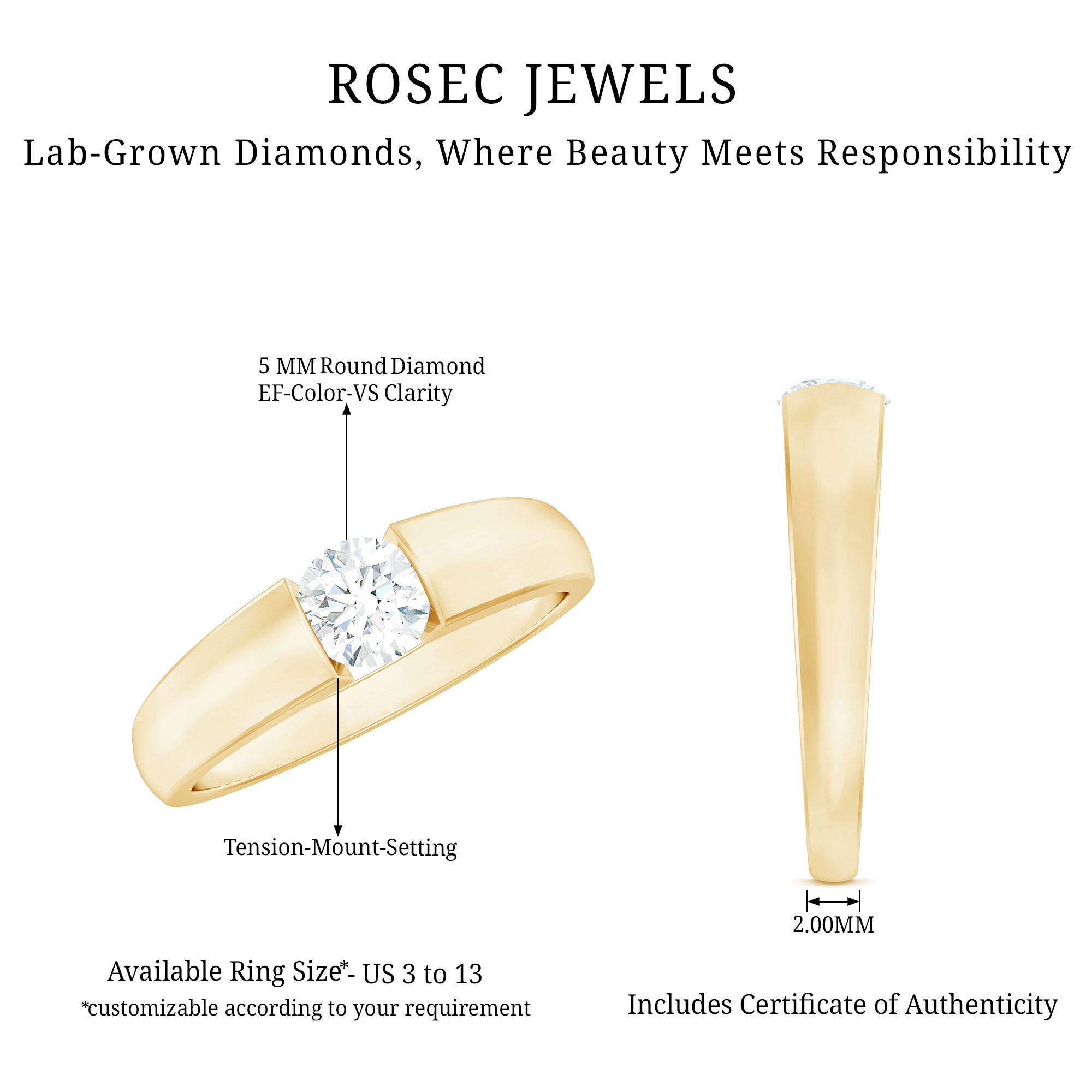 0.4 Carat Tension Mount Set Lab Grown Diamond Solitaire Band Ring Lab - ( EF-VS ) - Rosec Jewels