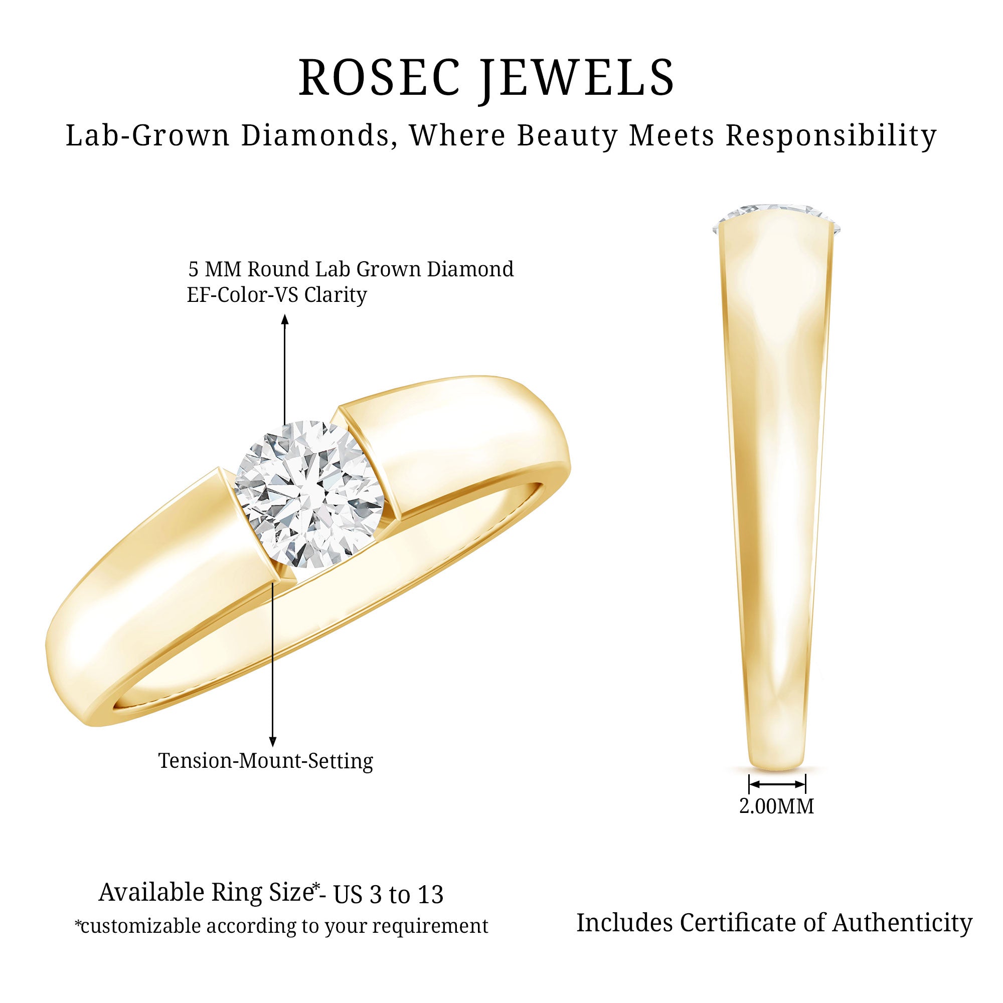 Rosec Jewels-Lab Grown Diamond 5 MM Solitaire Band Ring