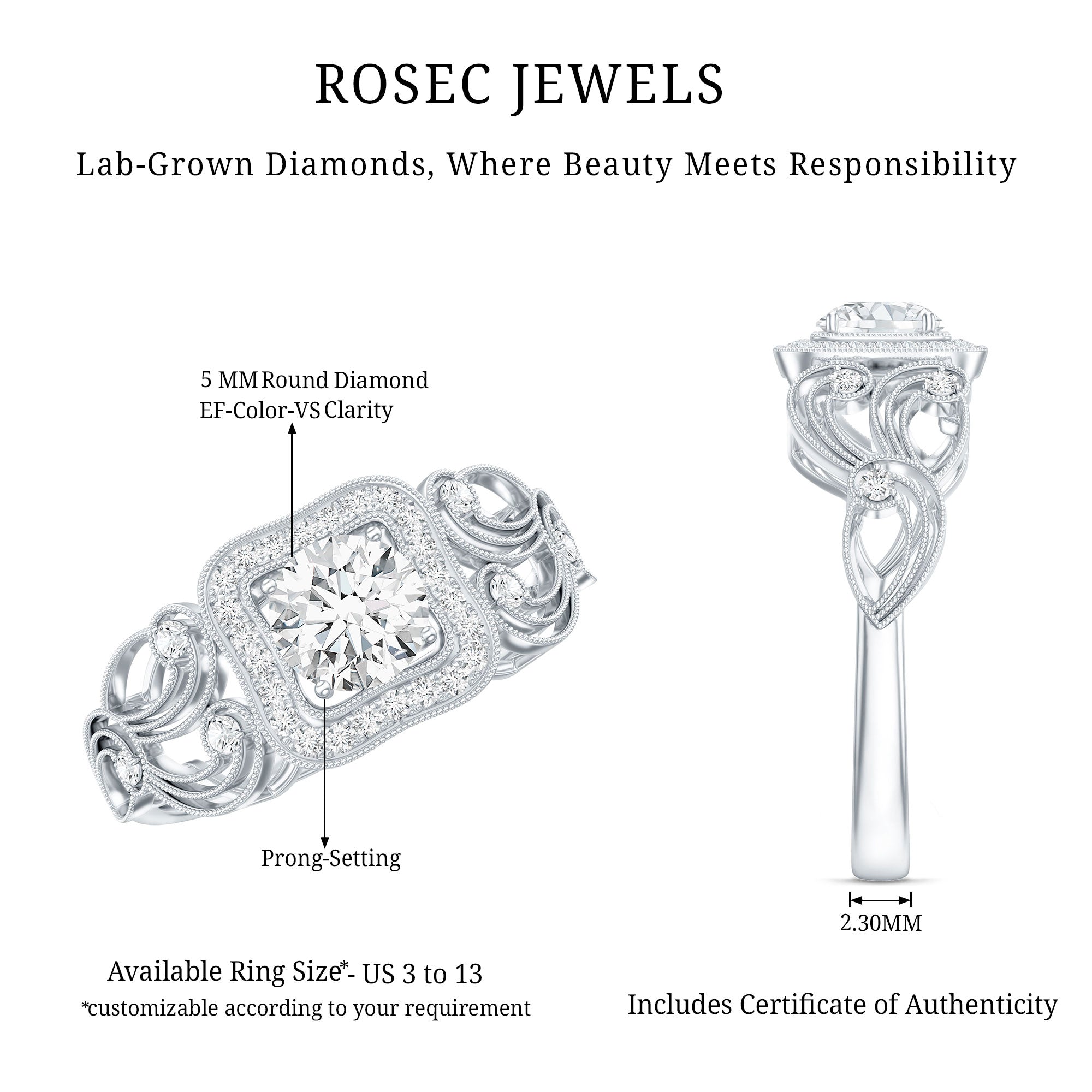 Certified Lab Grown Diamond Art Deco Engagement Ring For Women Lab - ( EF-VS ) - Rosec Jewels