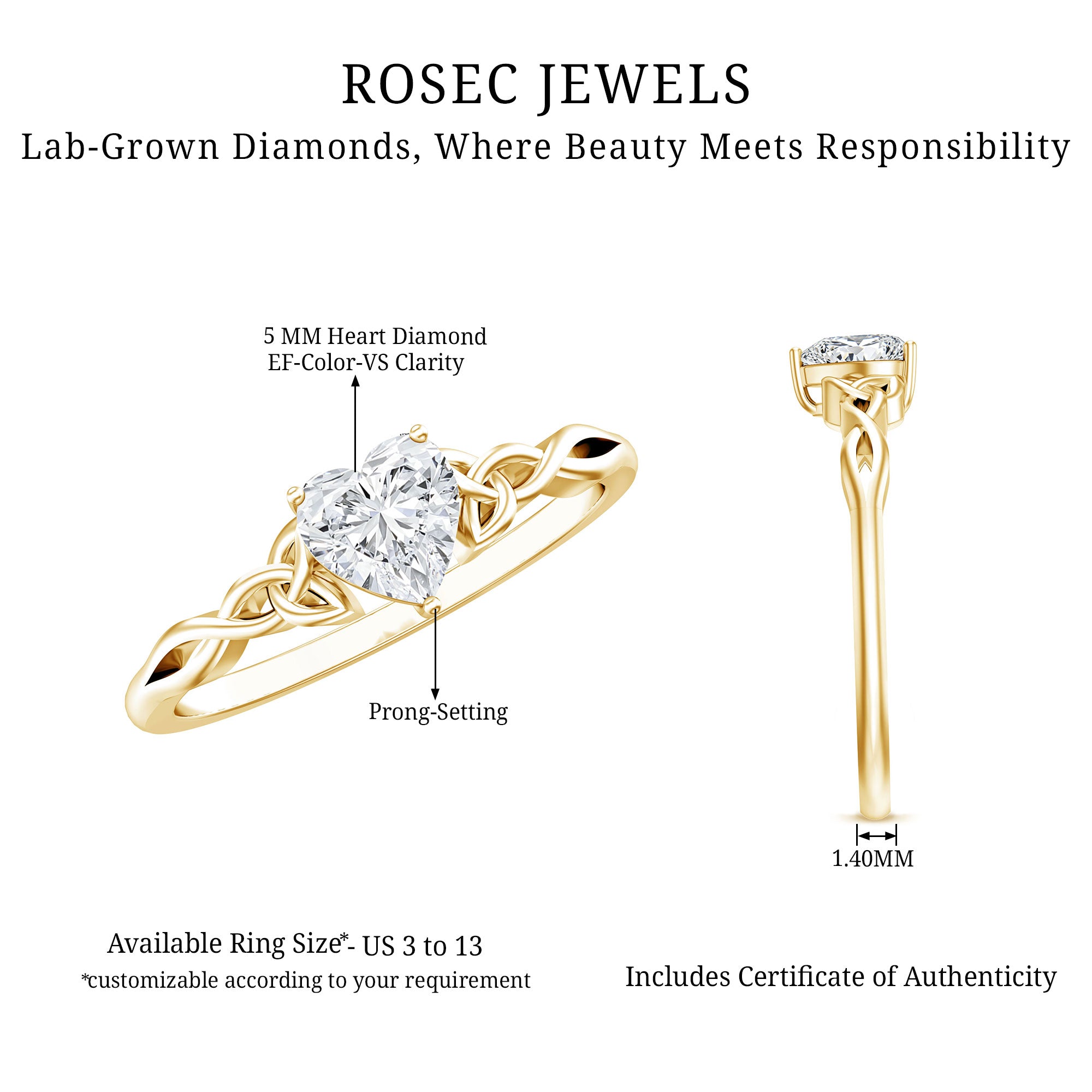 Certified Lab Grown Diamond 5 MM Heart Promise Ring Lab - ( EF-VS ) - Rosec Jewels