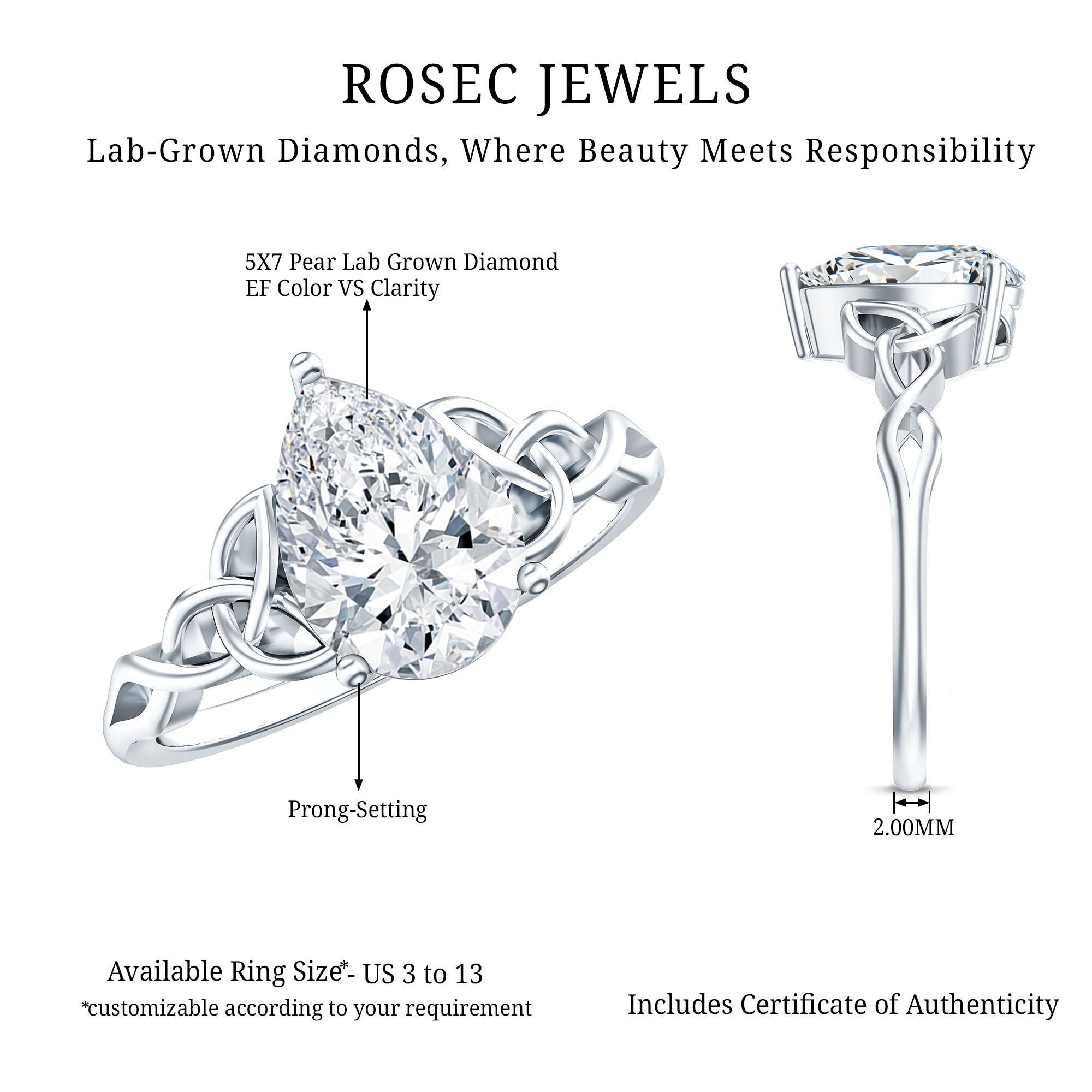 0.6 Carat Lab Grown Diamond Teardrop Solitaire Engagement Ring Lab - ( EF-VS ) - Rosec Jewels