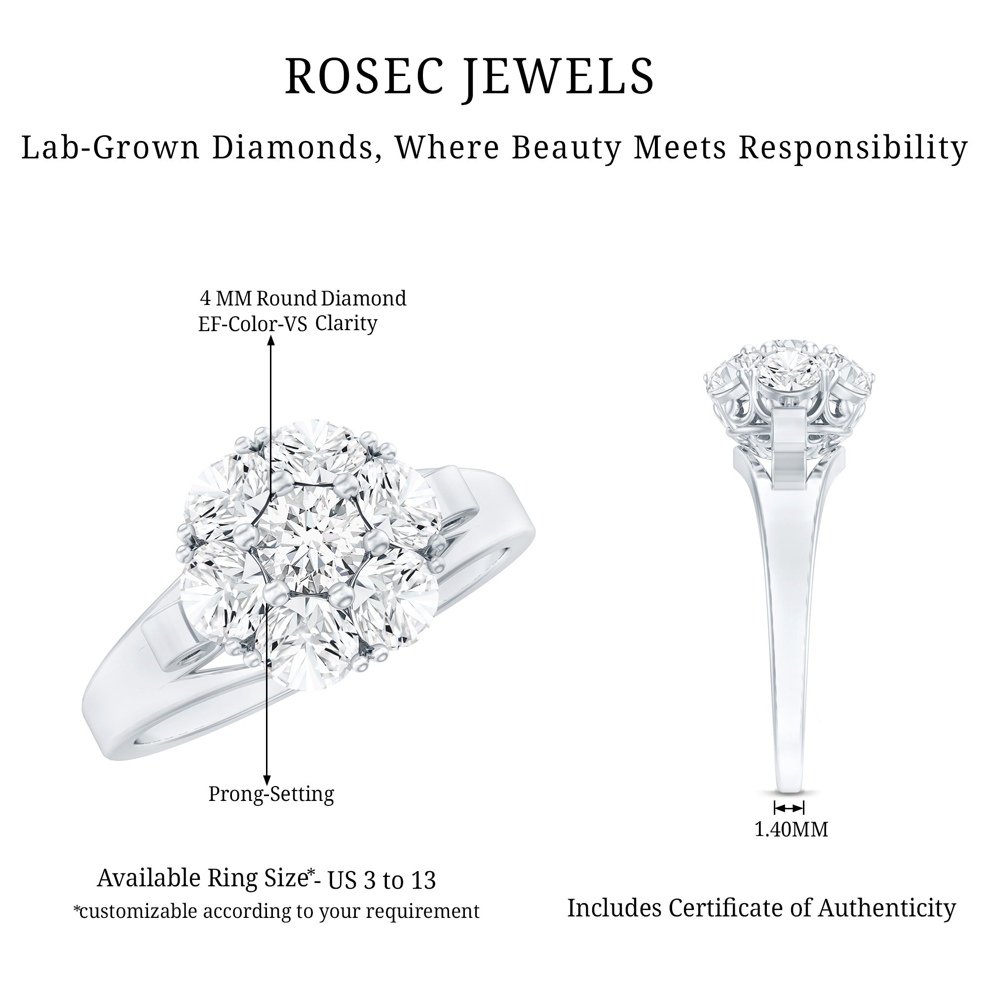 Certified Lab Grown Diamond Flower Engagement Ring Lab - ( EF-VS ) - Rosec Jewels