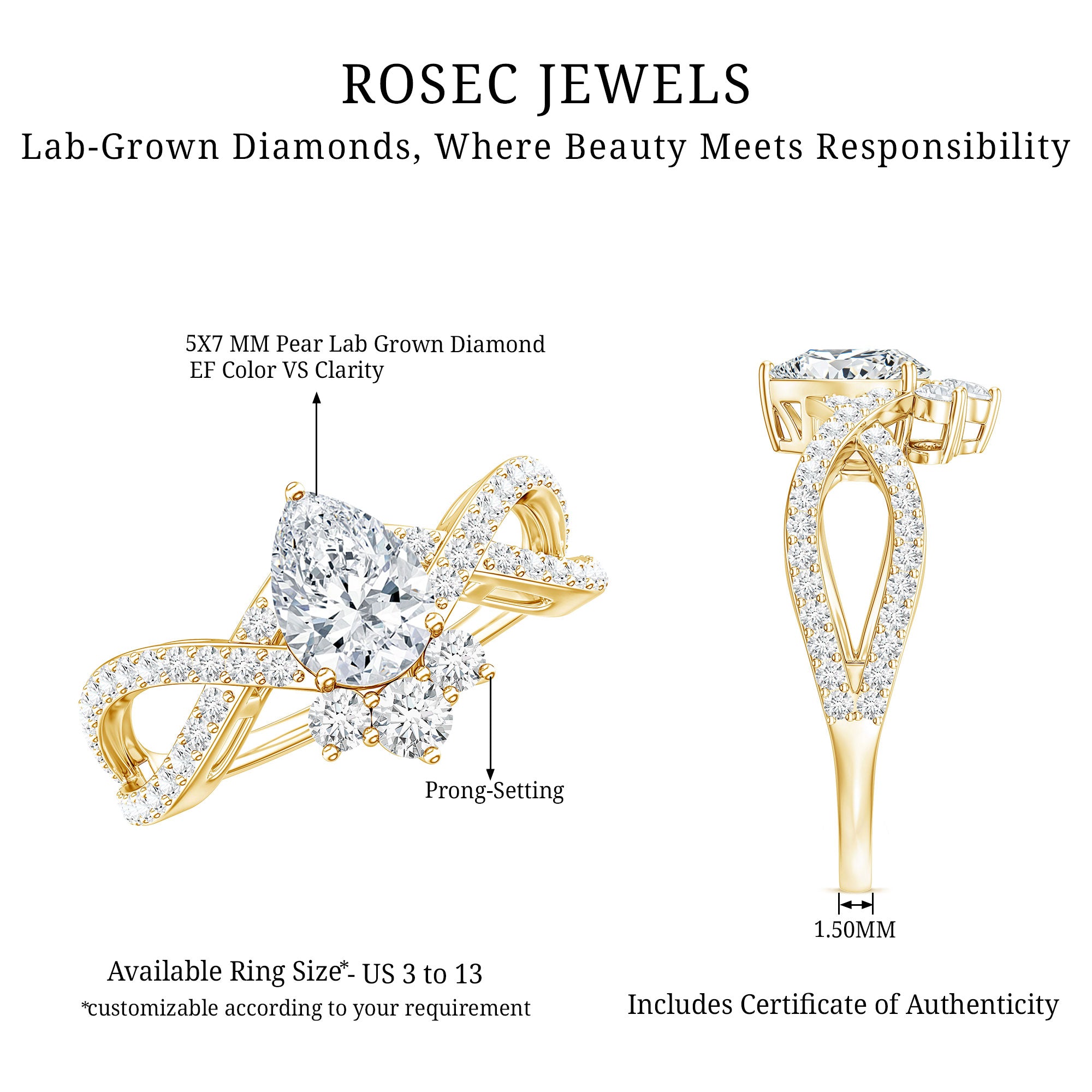Lab Grown Diamond Teardrop Designer Engagement Ring Lab - ( EF-VS ) - Rosec Jewels