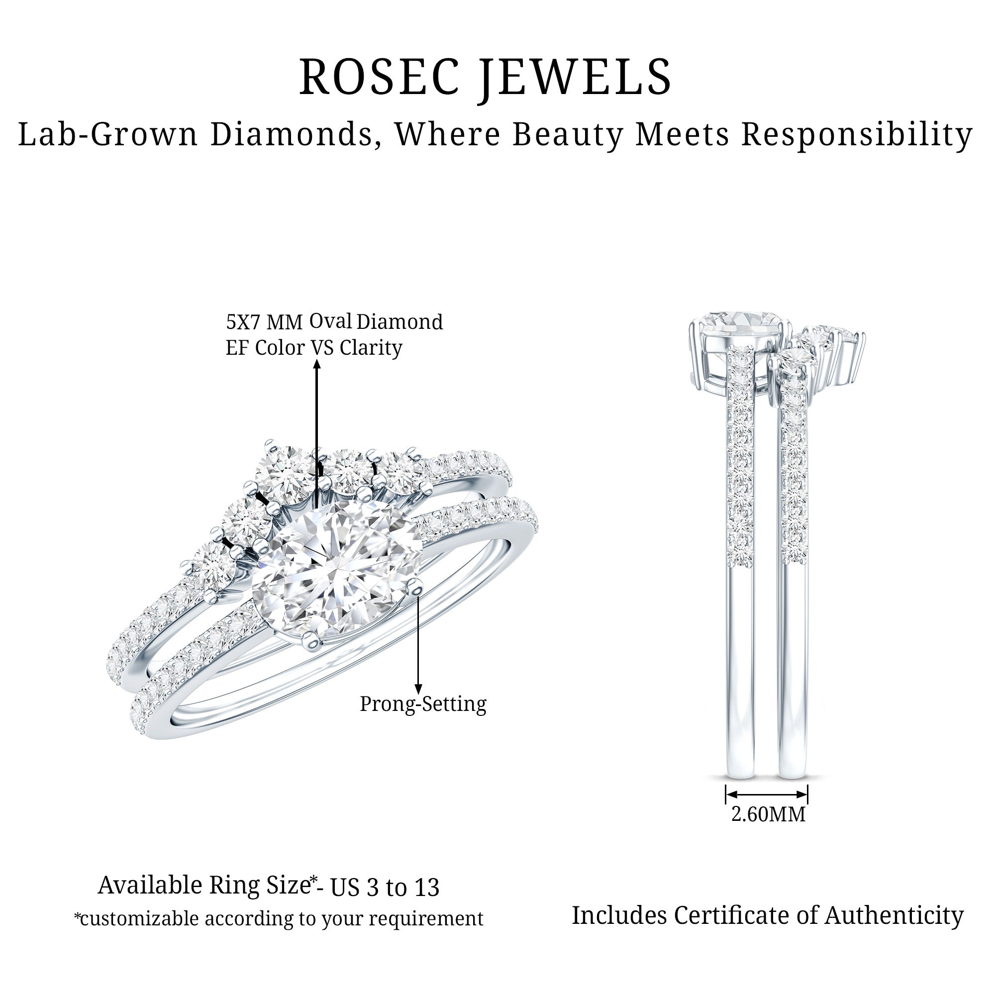 Certified 5X7 MM Lab Grown Diamond Engagement Ring Enhancer Lab - ( EF-VS ) - Rosec Jewels