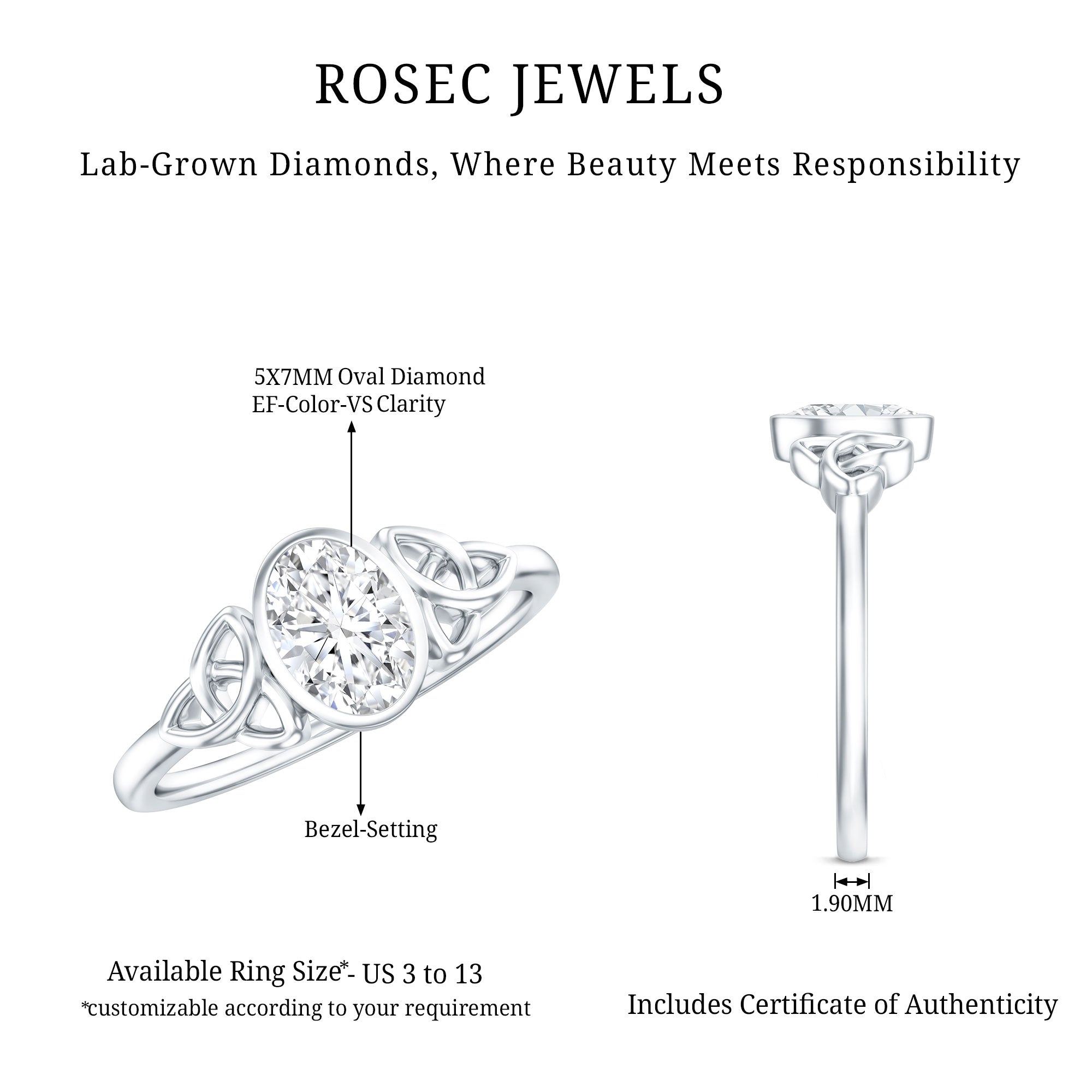 5X7 MM Oval Lab Grown Diamond Celtic Knot Engagement Ring Lab - ( EF-VS ) - Rosec Jewels