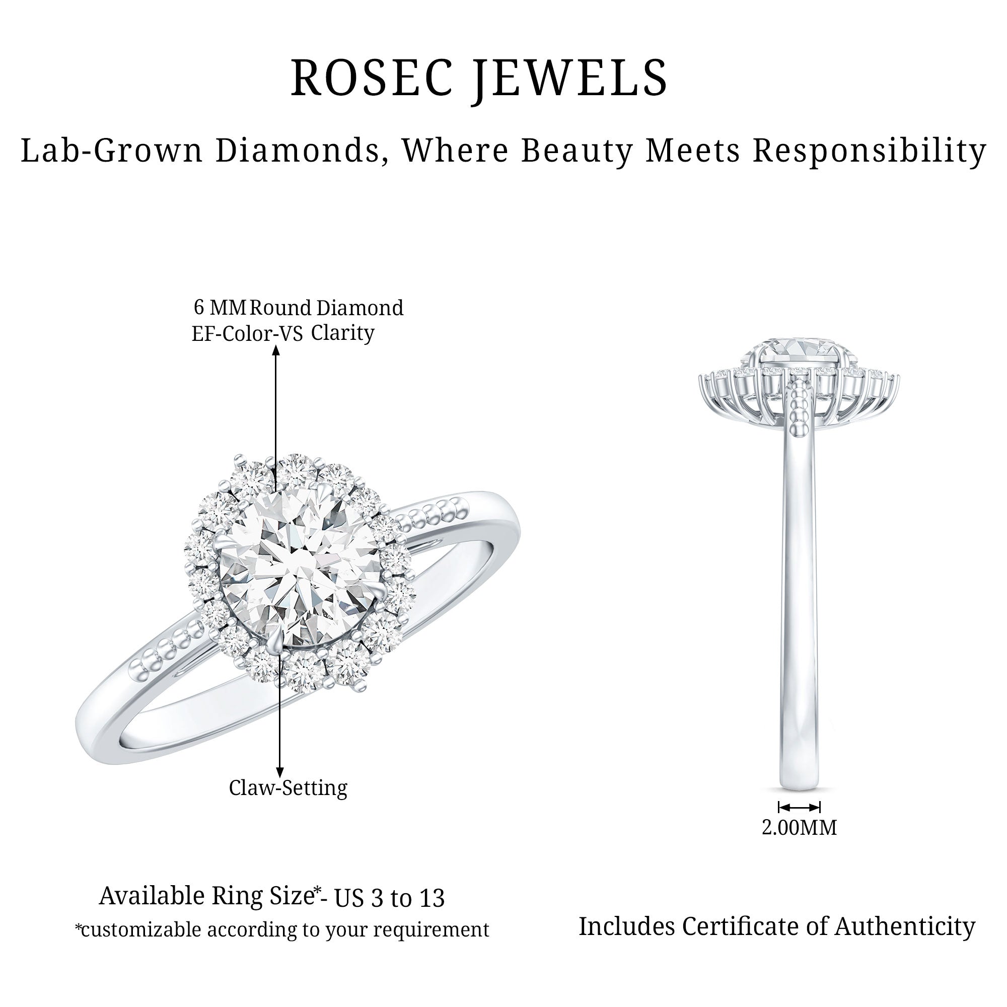 Classic Lab Grown Diamond Halo Engagement Ring Lab - ( EF-VS ) - Rosec Jewels