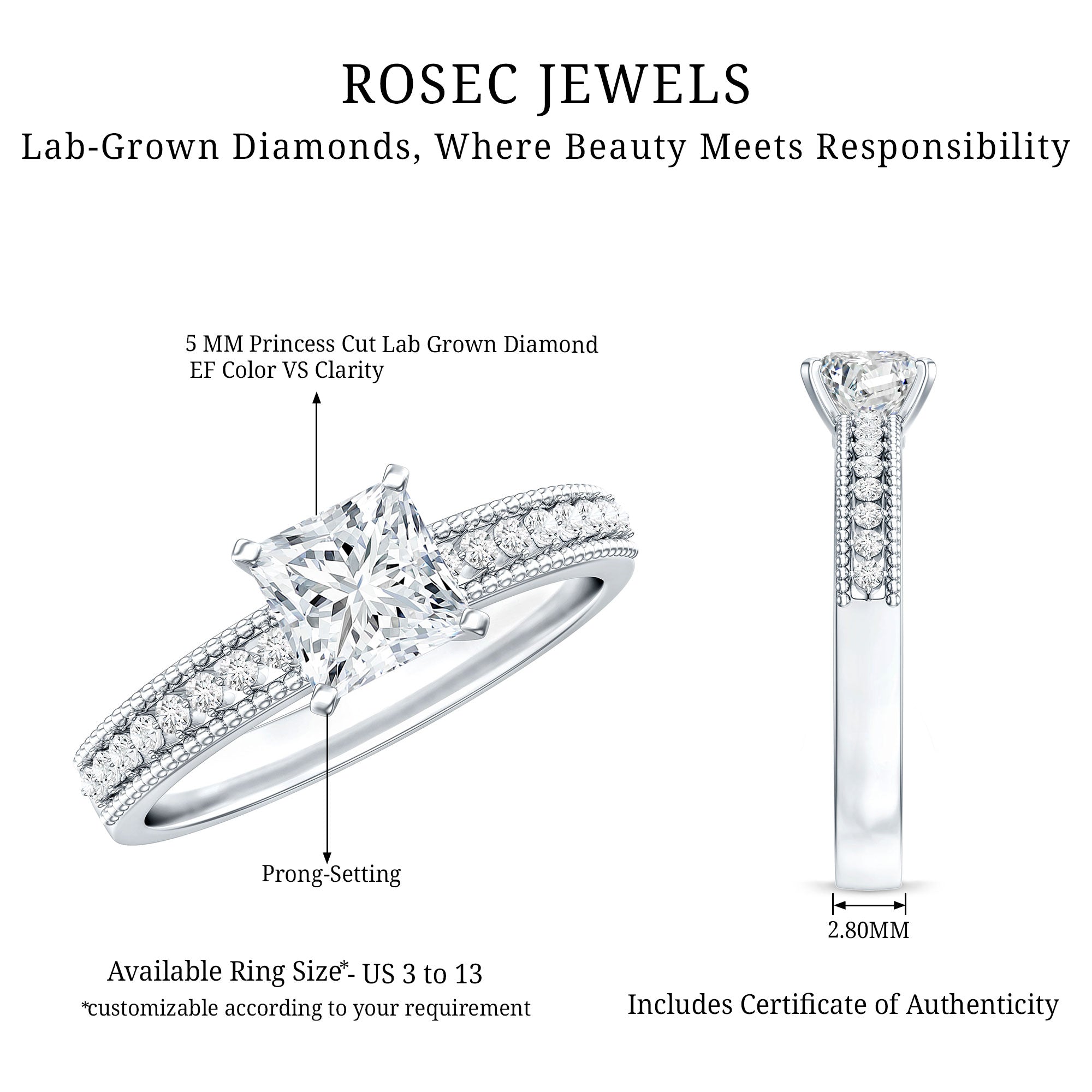 Certified Lab Grown Diamond 5 MM Princess Cut Engagement Ring For Women Lab - ( EF-VS ) - Rosec Jewels