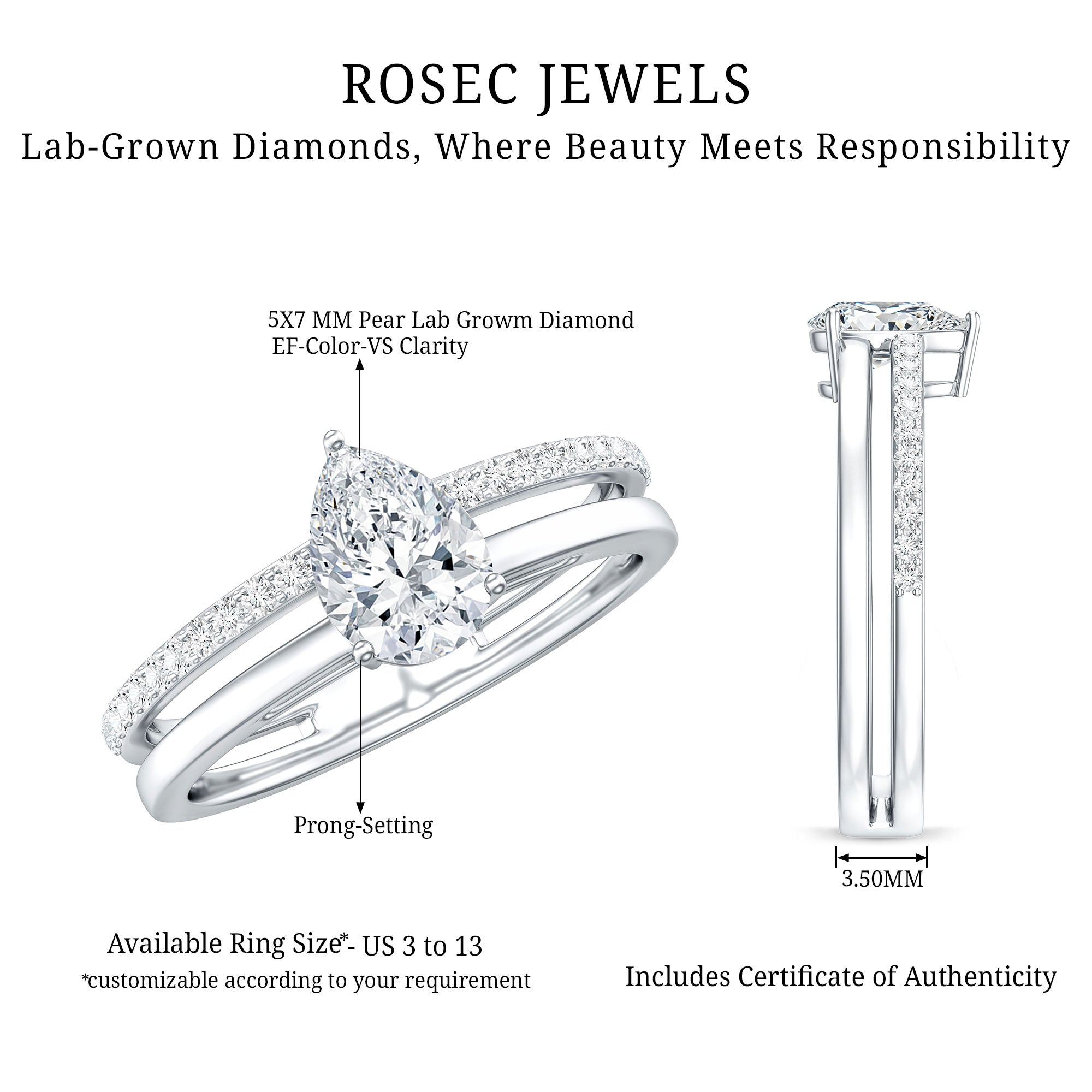 Lab Grown Diamond Pear Shaped Solitaire Engagement Ring Lab - ( EF-VS ) - Rosec Jewels