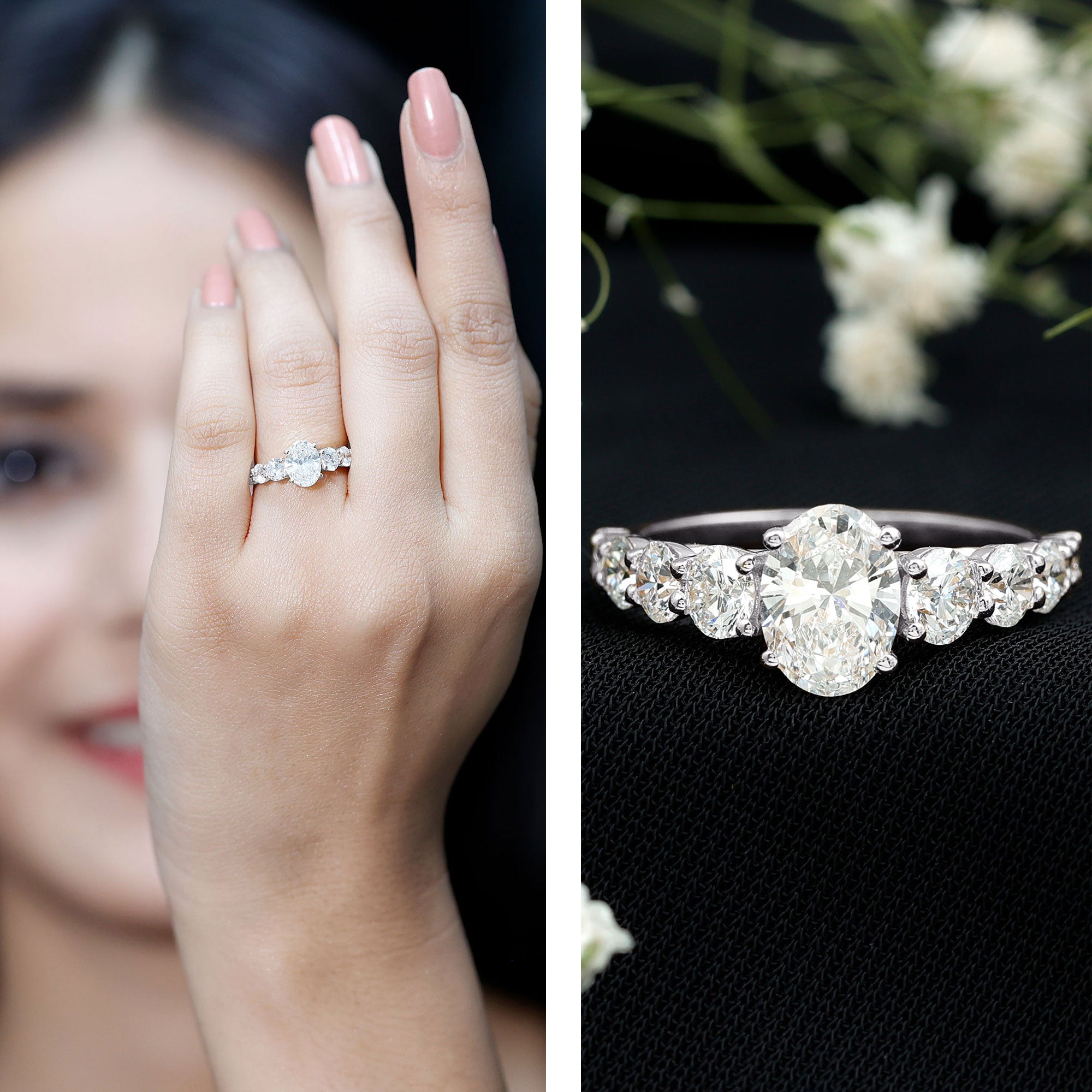 Rosec Jewels-Lab Grown 1.2 Carat Diamond Oval Engagement Ring With Side Stones