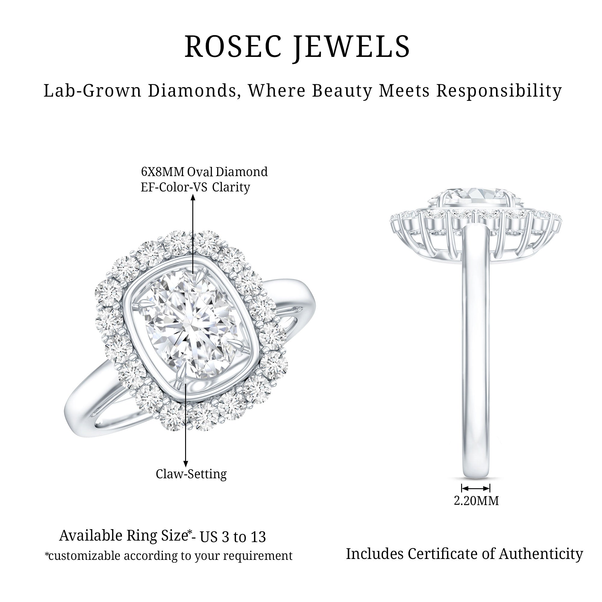Certified 6X8 MM Oval Lab Grown Diamond Halo Engagement Ring Lab - ( EF-VS ) - Rosec Jewels