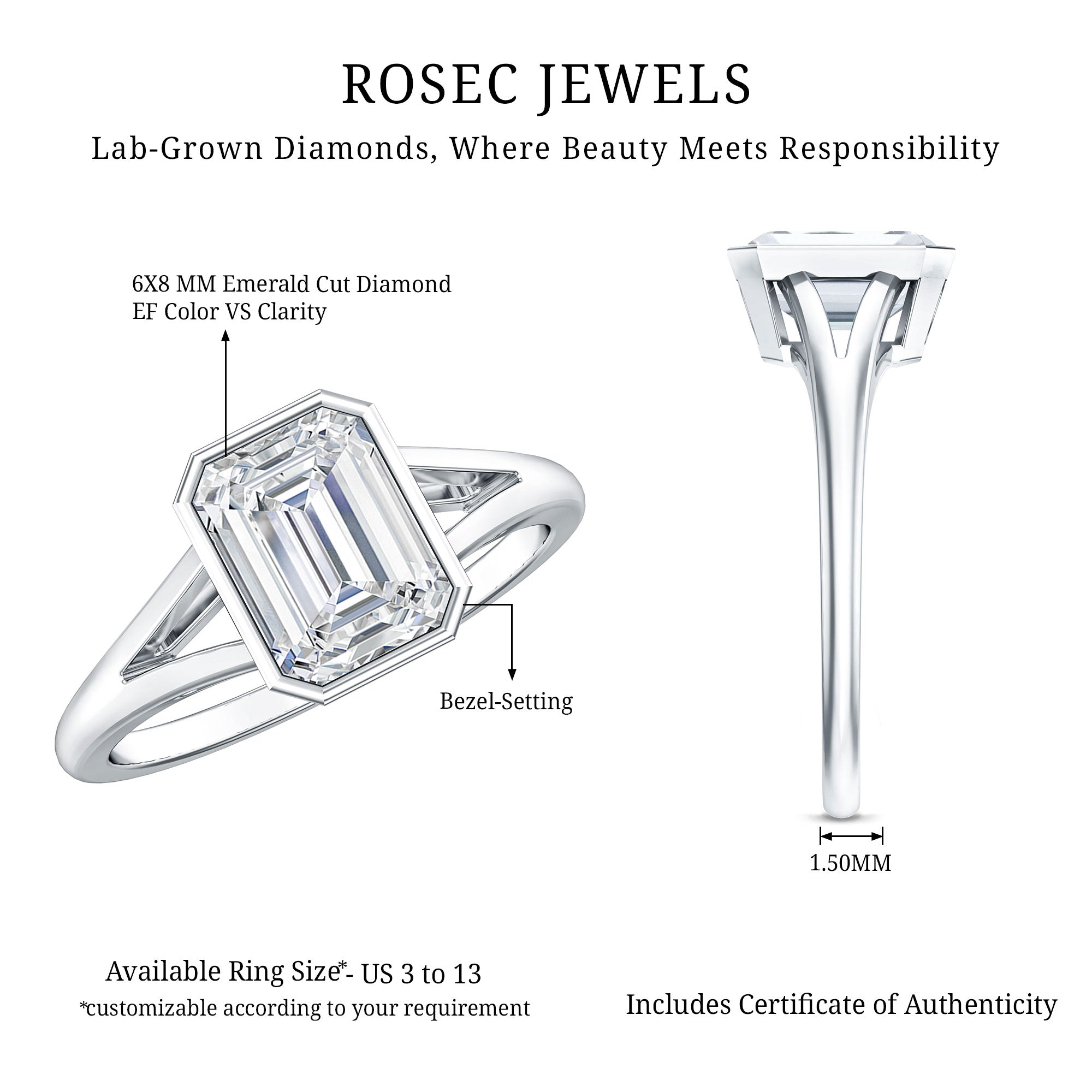 Certified Lab Grown Diamond 6X8 MM Emerald Cut Engagement Ring Lab - ( EF-VS ) - Rosec Jewels