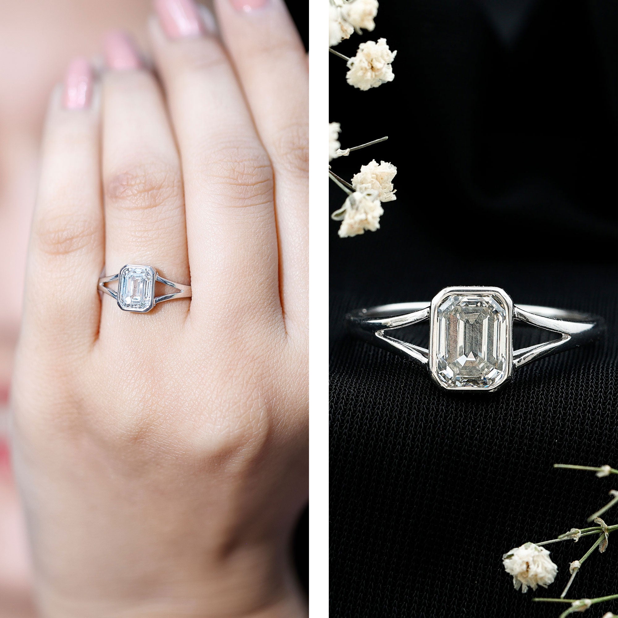 Certified Lab Grown Diamond 6X8 MM Emerald Cut Engagement Ring Lab - ( EF-VS ) - Rosec Jewels