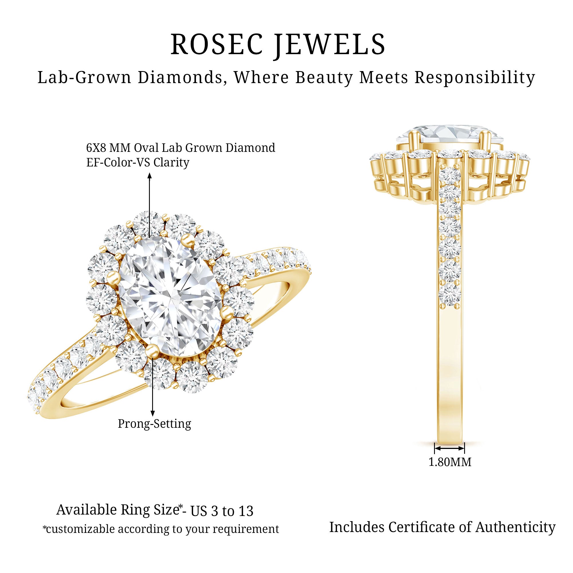 Rosec Jewels-Lab Grown Diamond 6X8MM Oval Halo Engagement Ring With Side Stones