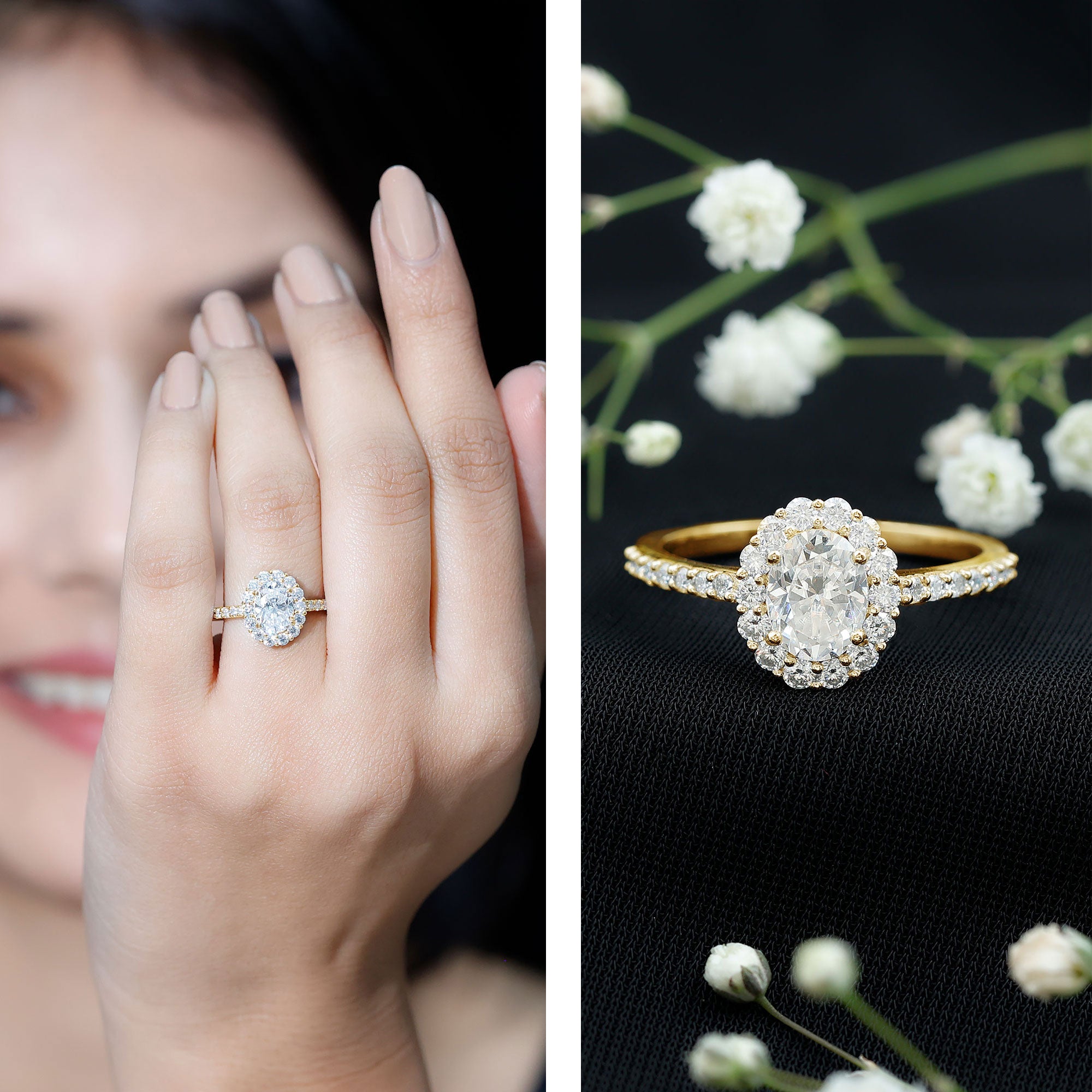 Lab Grown Diamond 6X8MM Oval Halo Engagement Ring With Side Stones Lab - ( EF-VS ) - Rosec Jewels