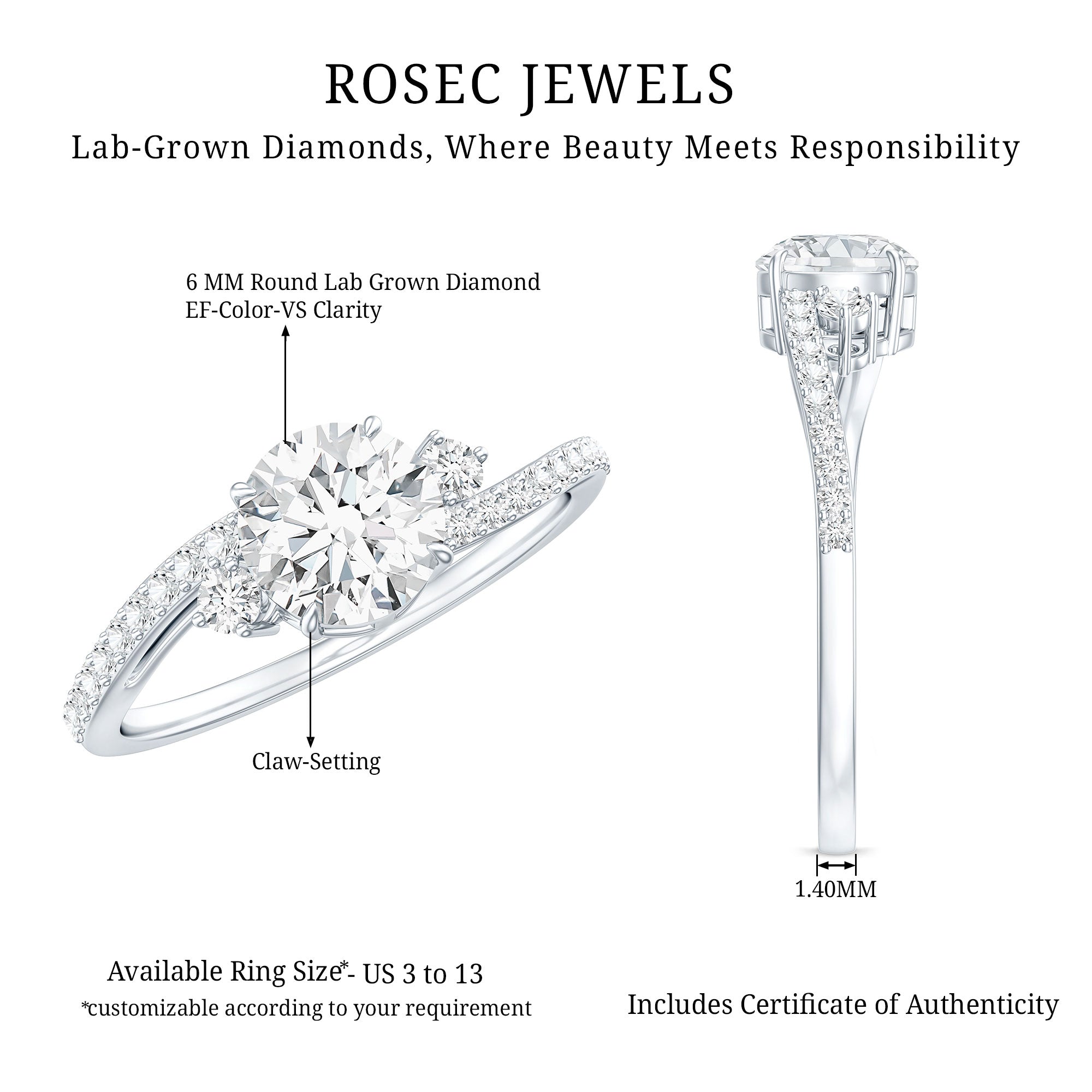Lab Grown Diamond 6 MM Solitaire Engagement Ring With Side Stones Lab - ( EF-VS ) - Rosec Jewels