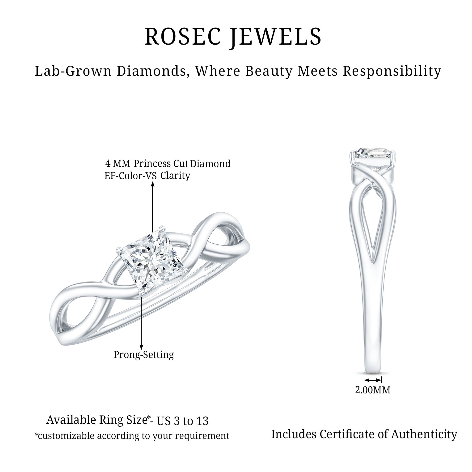 Certified Lab Princess Cut Diamond Infinity Promise Ring Lab - ( EF-VS ) - Rosec Jewels