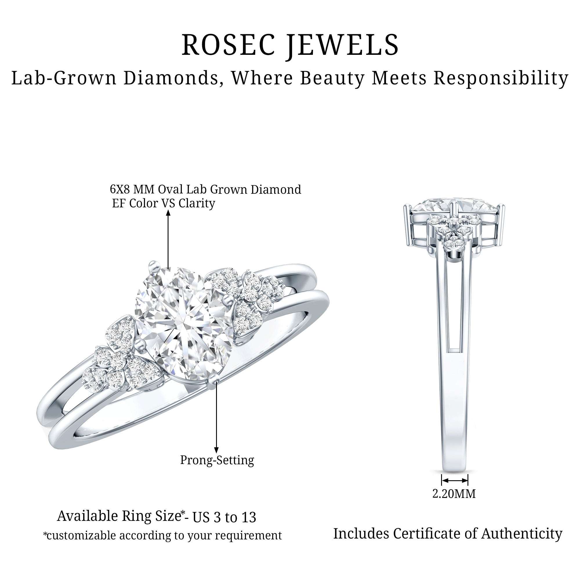 Certified 6X8MM Oval Lab Grown Diamond Designer Engagement Ring Lab - ( EF-VS ) - Rosec Jewels