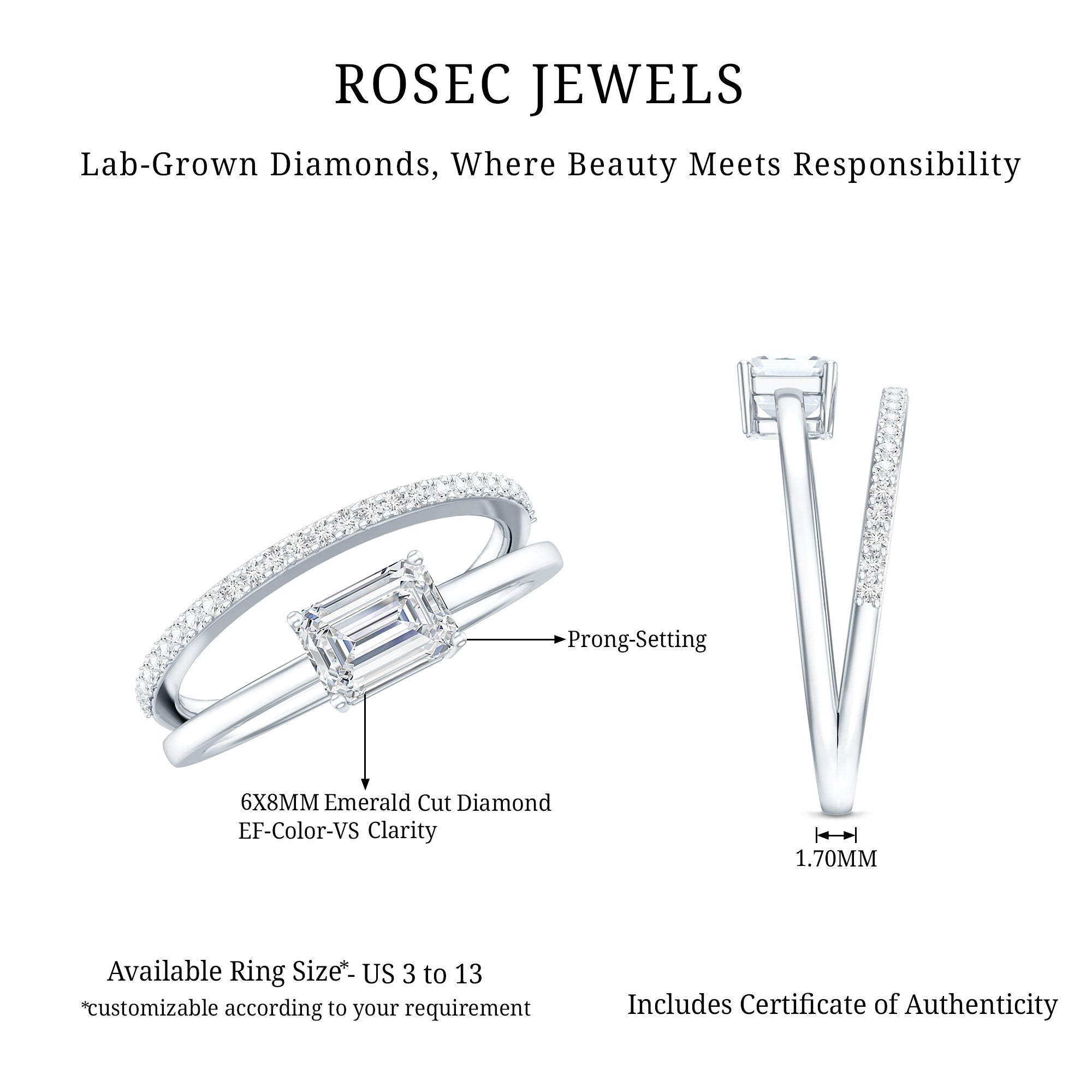 Rosec Jewels-Lab Grown Diamond 6X8MM Emerald Cut Engagement Ring With Diamond Studded Shank
