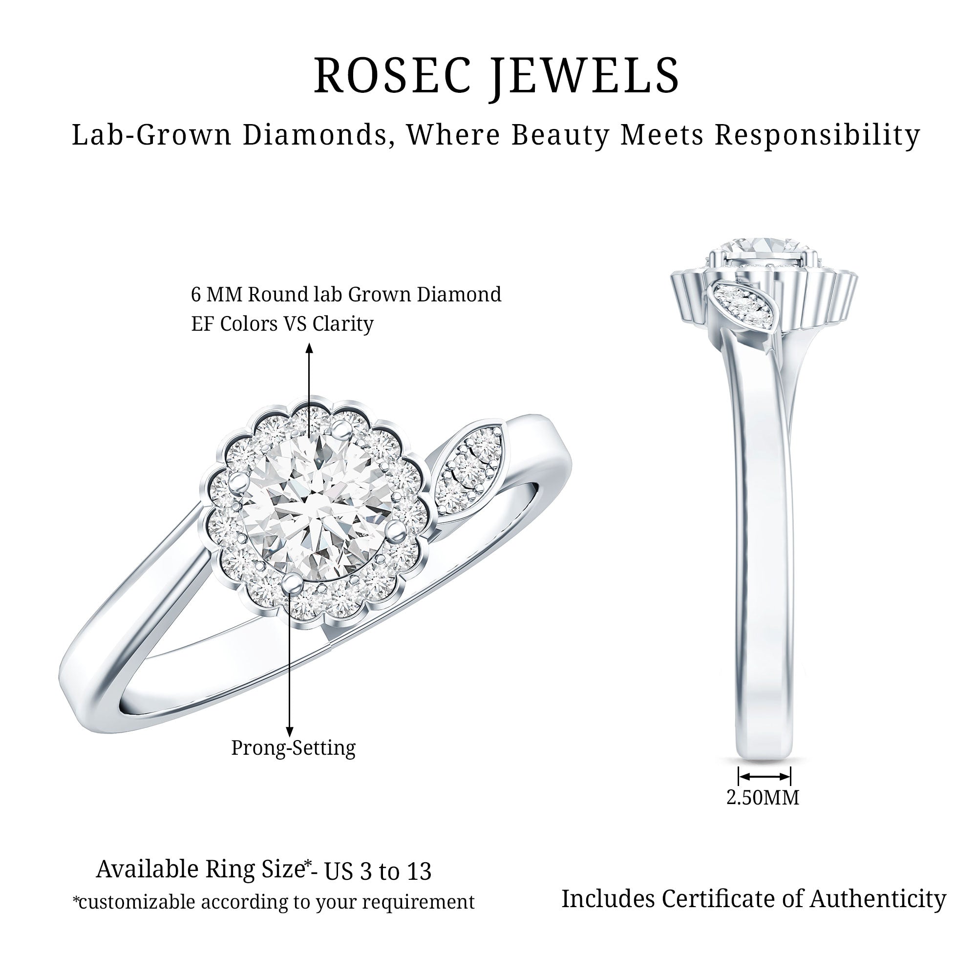 Certified 5 MM Lab Grown Diamond Floral Engagement Ring Lab - ( EF-VS ) - Rosec Jewels