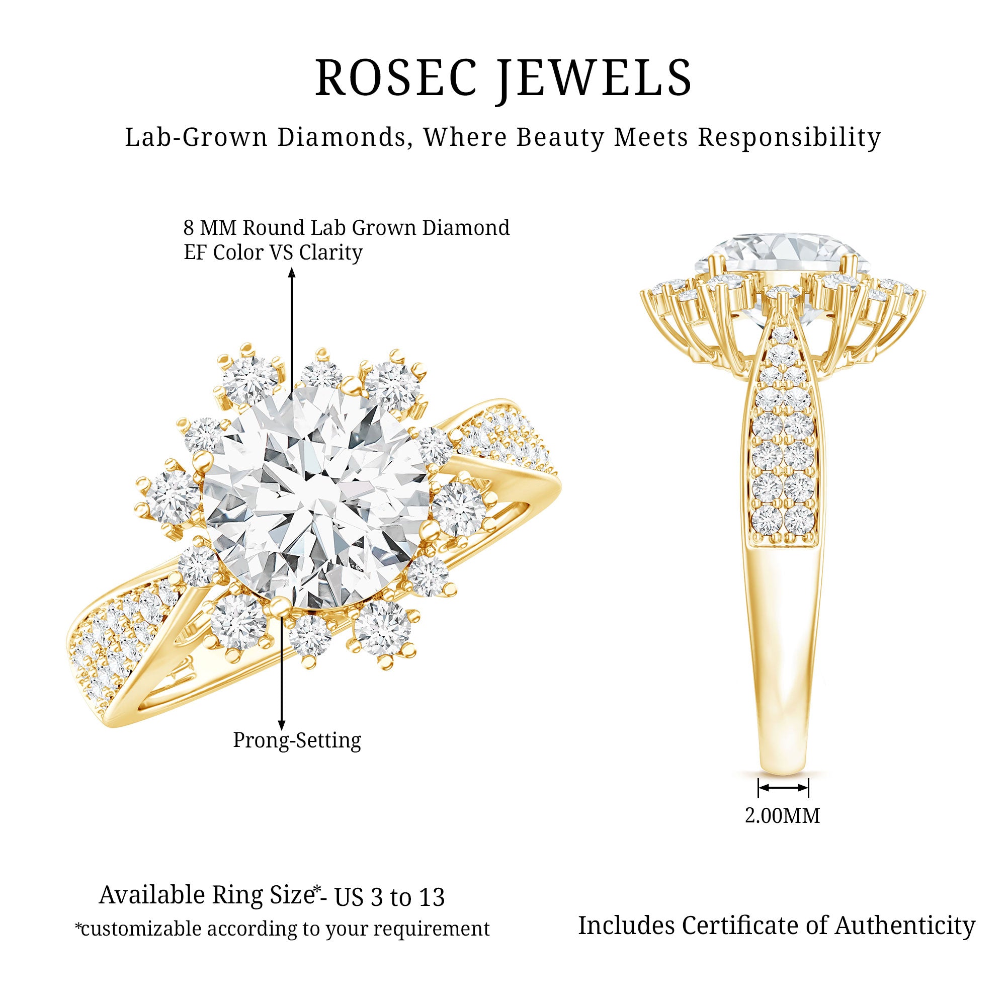 Certified 2 Carat Lab Grown Diamond Non Traditional Engagement Ring Lab - ( EF-VS ) - Rosec Jewels