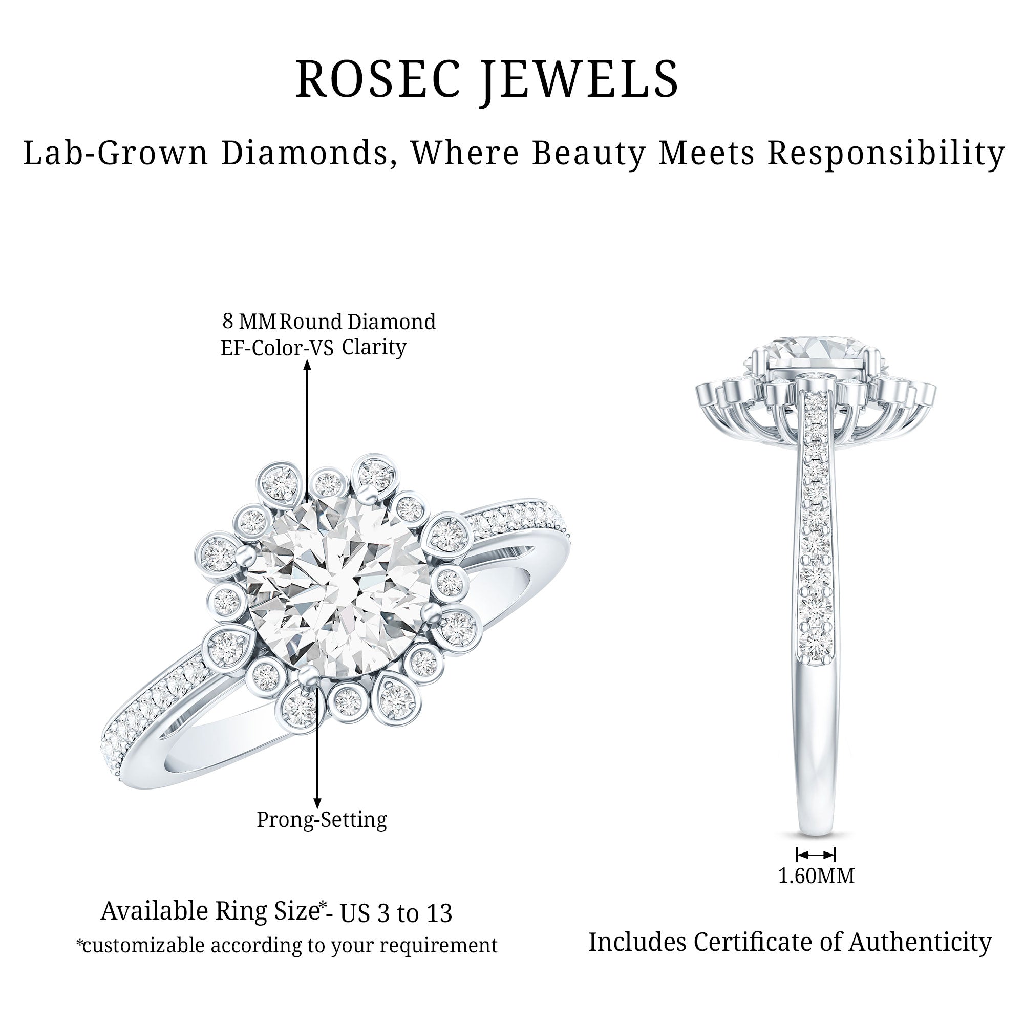 Rosec Jewels-Lab Grown Diamond 8 MM Circle Engagement Ring With Side Stones