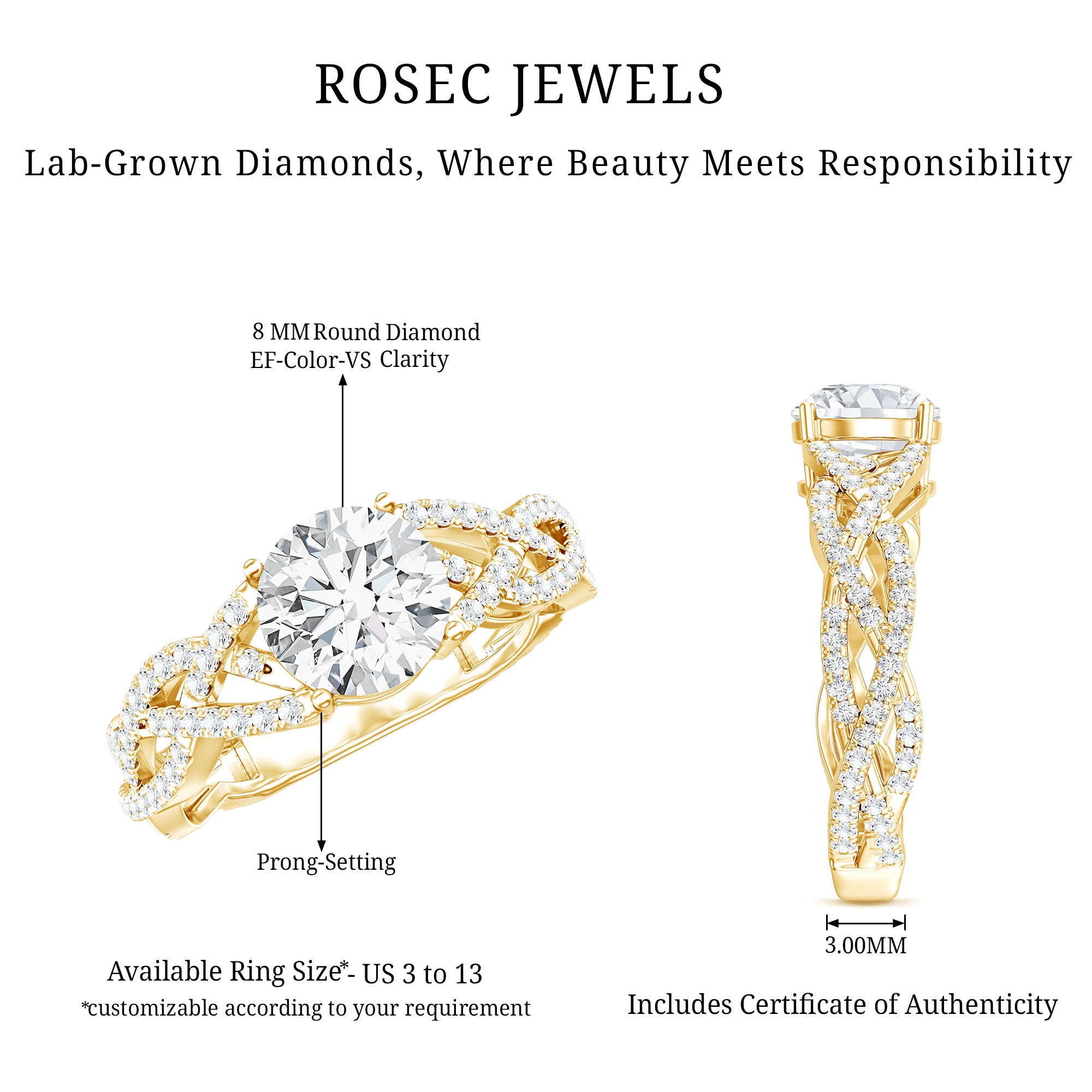 Rosec Jewels-Lab Grown Diamond 8MM Round Engagement Ring With Infinity Twist