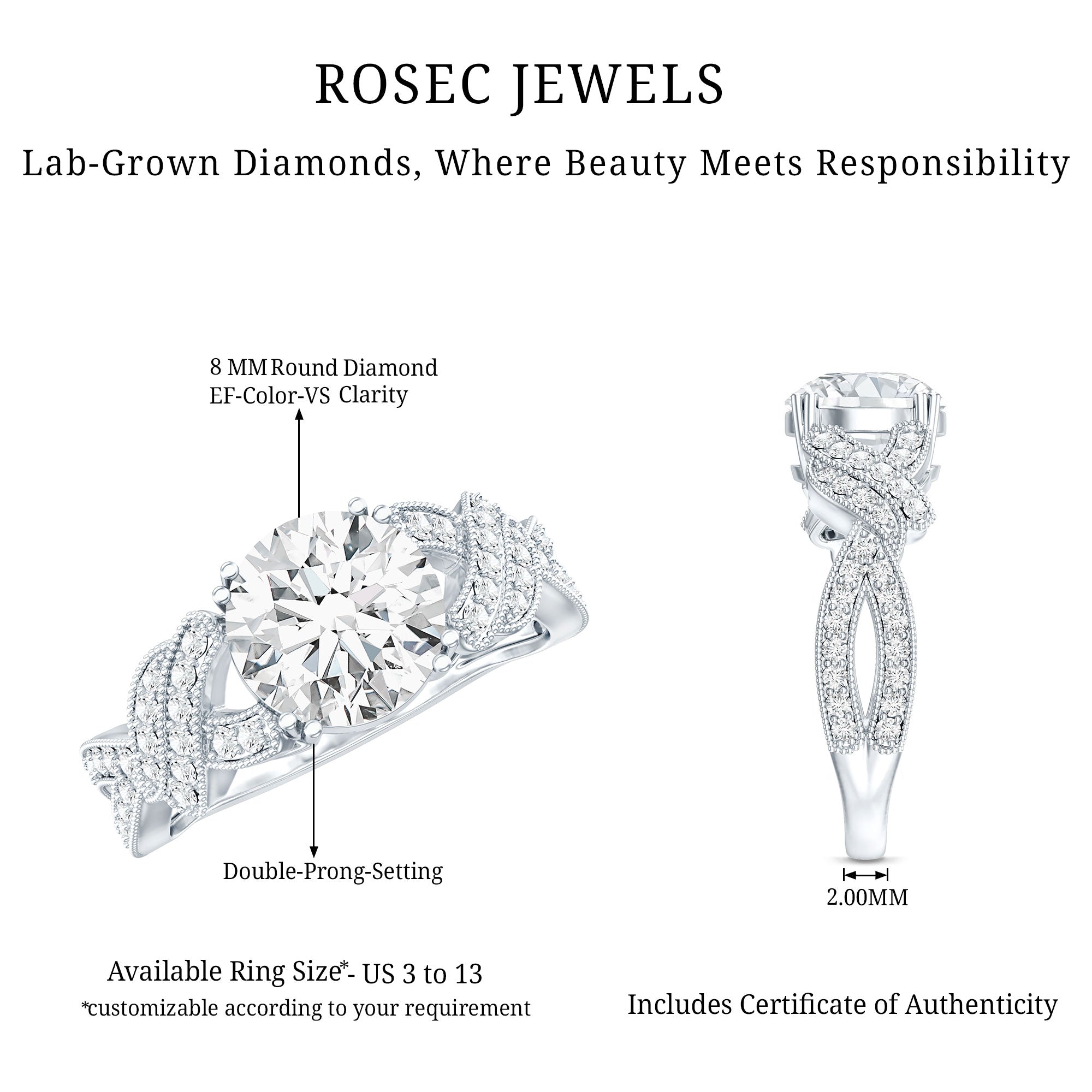 Rosec Jewels-8 MM Solitaire Lab Grown Diamond Non Traditional Engagement Ring