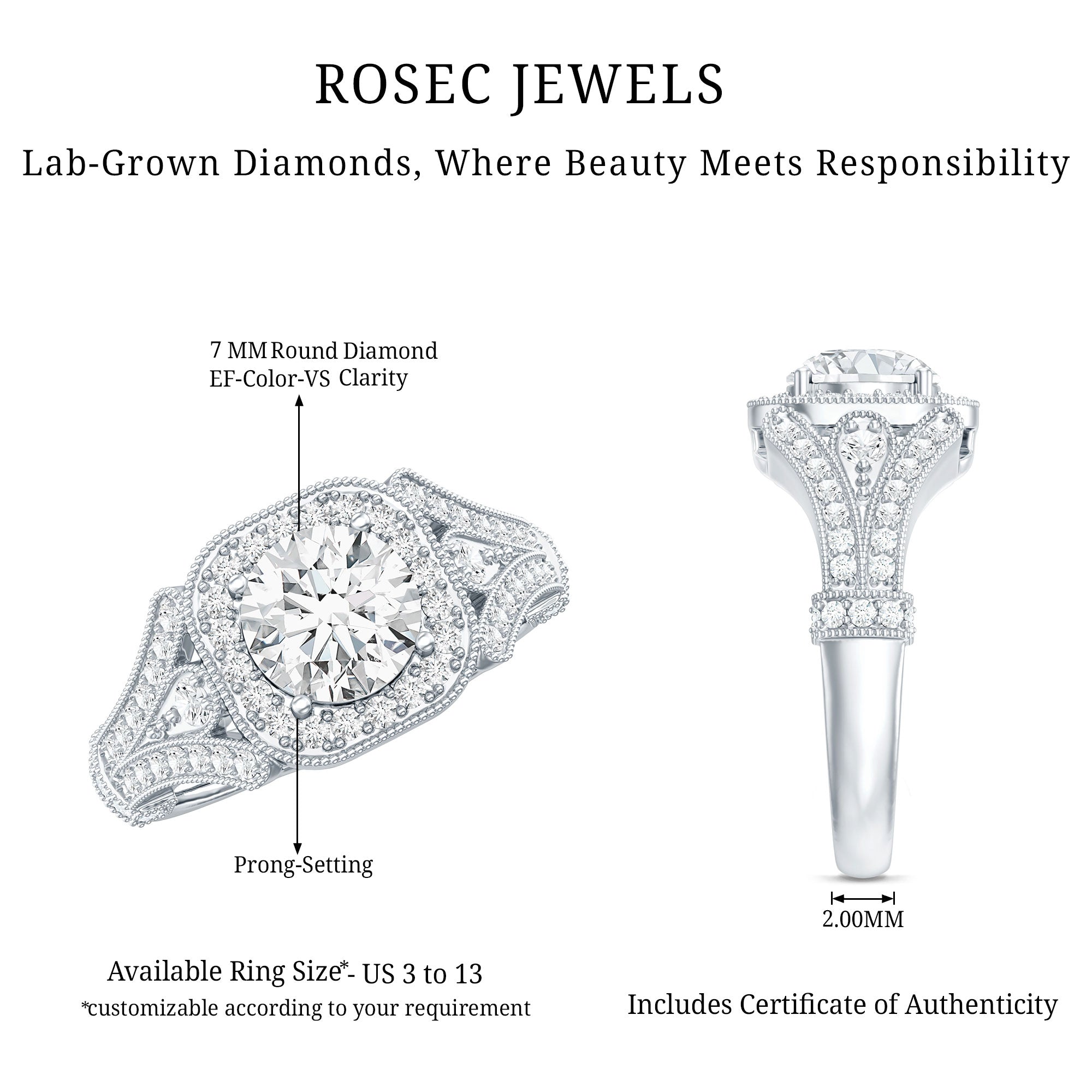Rosec Jewels-Certified 7 MM Lab Grown Diamond Vintage Style Engagement Ring
