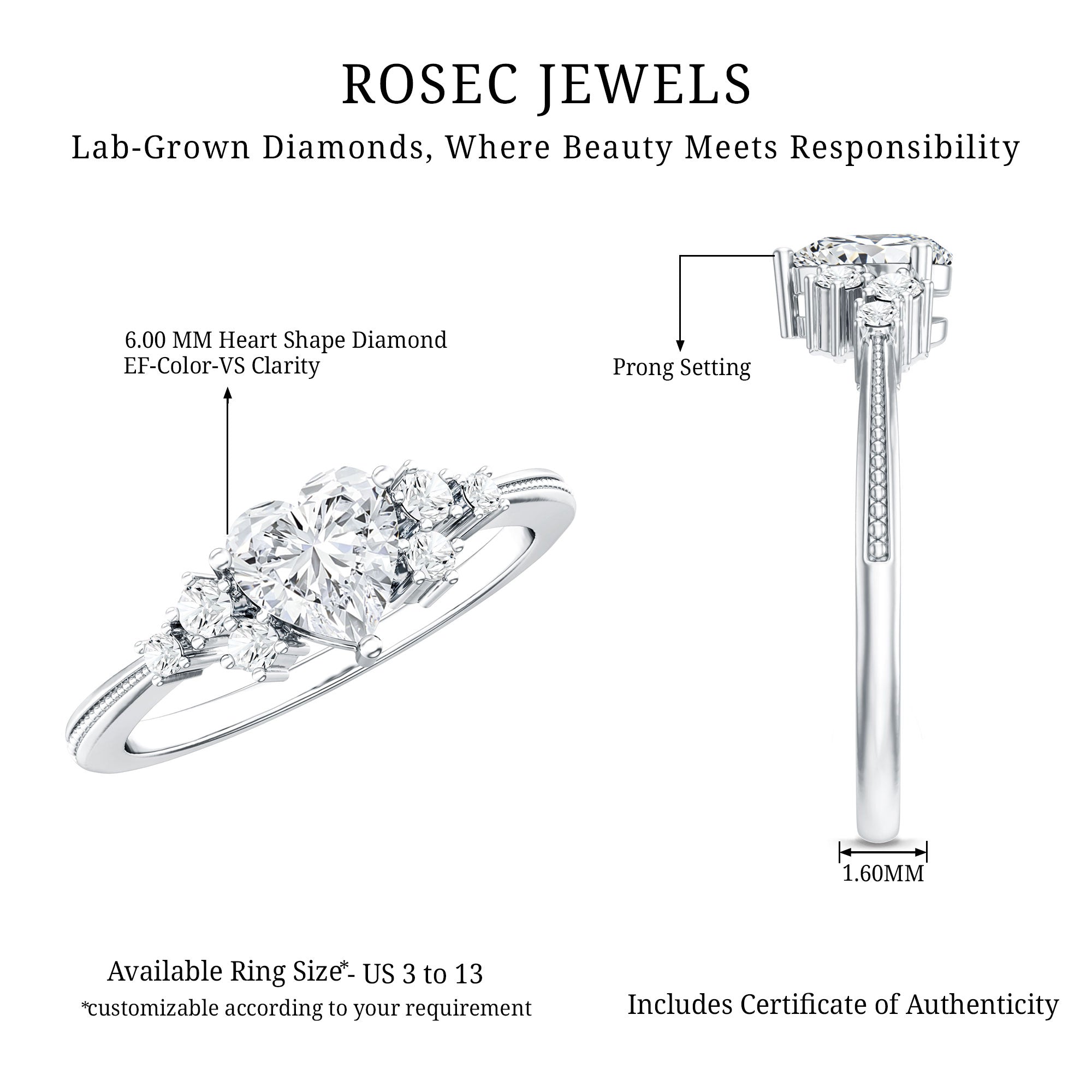 Rosec Jewels-Lab Grown Diamond 6 MM Heart Shaped Engagement Ring