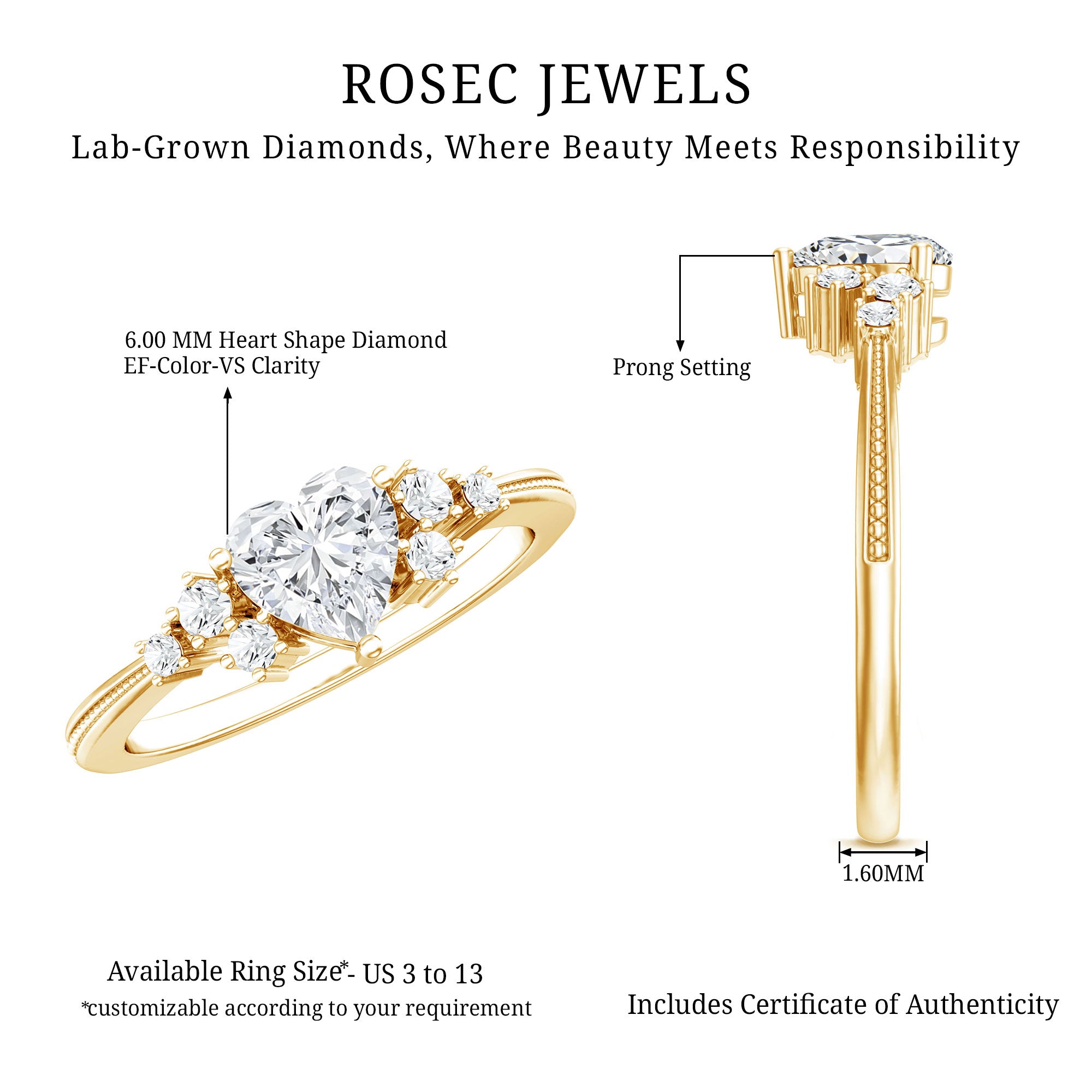 Rosec Jewels-Lab Grown Diamond 6 MM Heart Shaped Engagement Ring