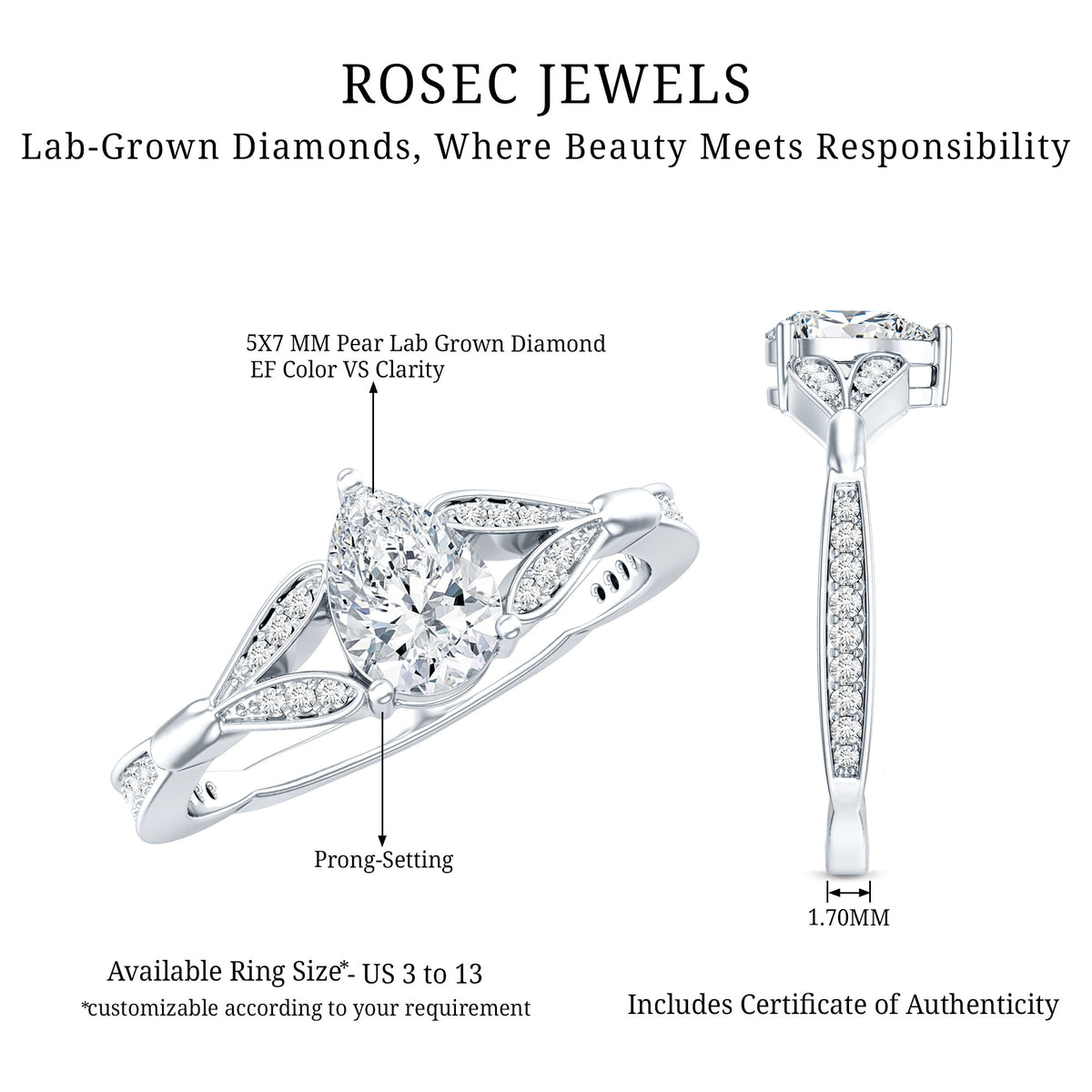 Lab Grown Diamond Teardrop Split Shank Engagement Ring Lab - ( EF-VS ) - Rosec Jewels