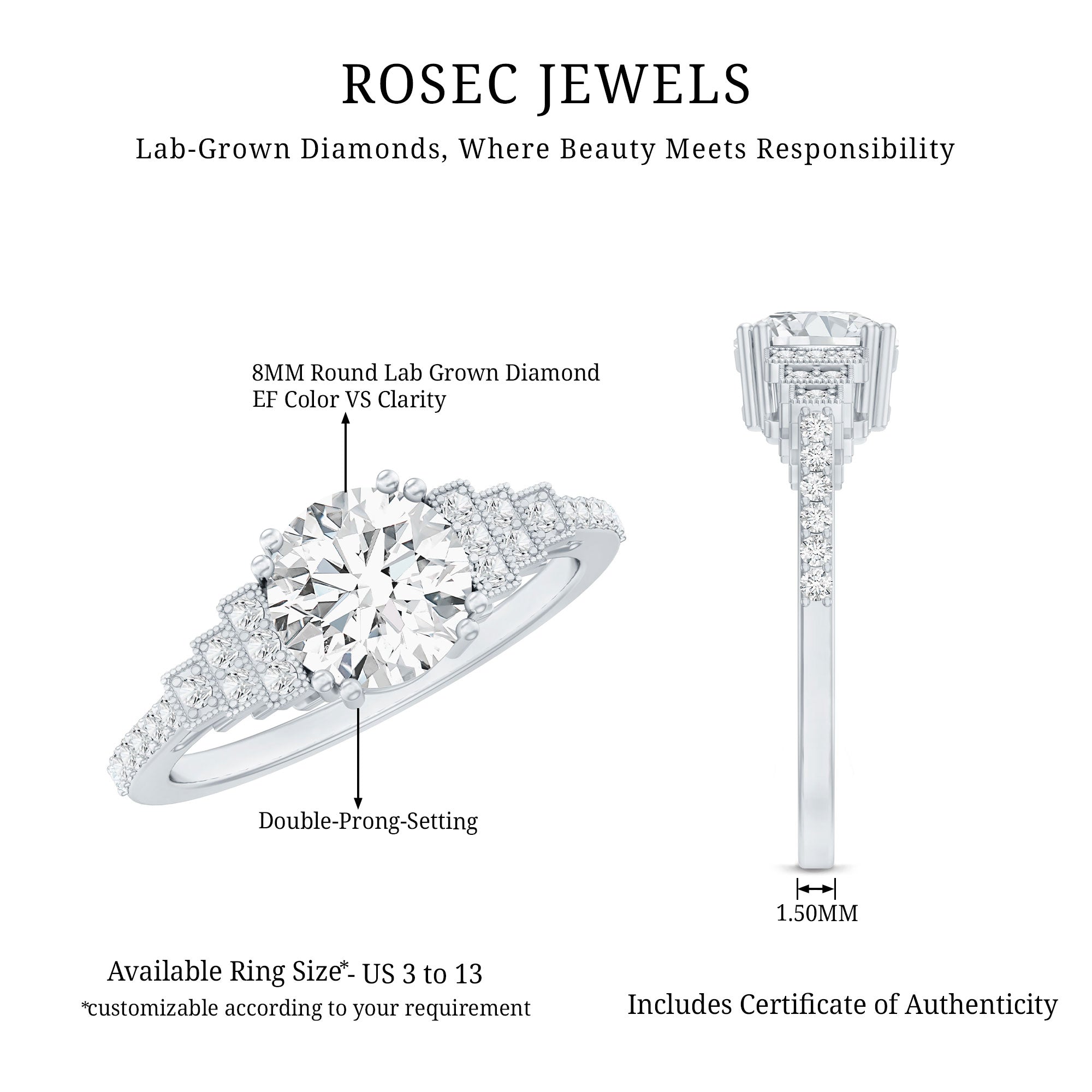 8 MM Lab Grown Diamond Retro Engagement Ring Lab - ( EF-VS ) - Rosec Jewels