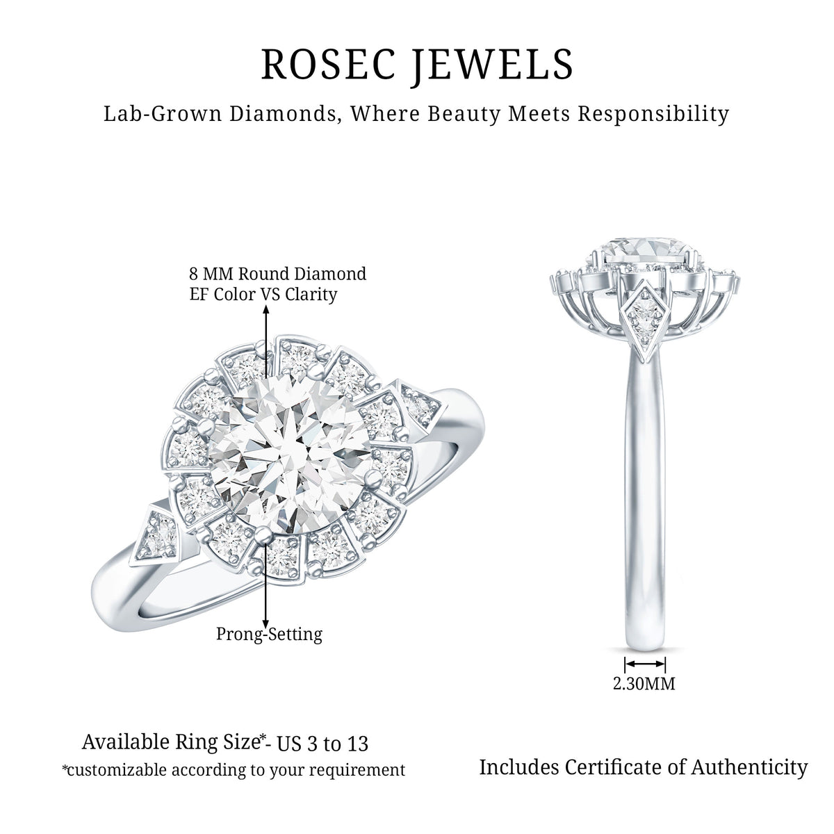 IGI Certified 2 Carat Lab Grown Diamond Flower Halo Engagement Ring Lab - ( E-VS1 ) - Rosec Jewels